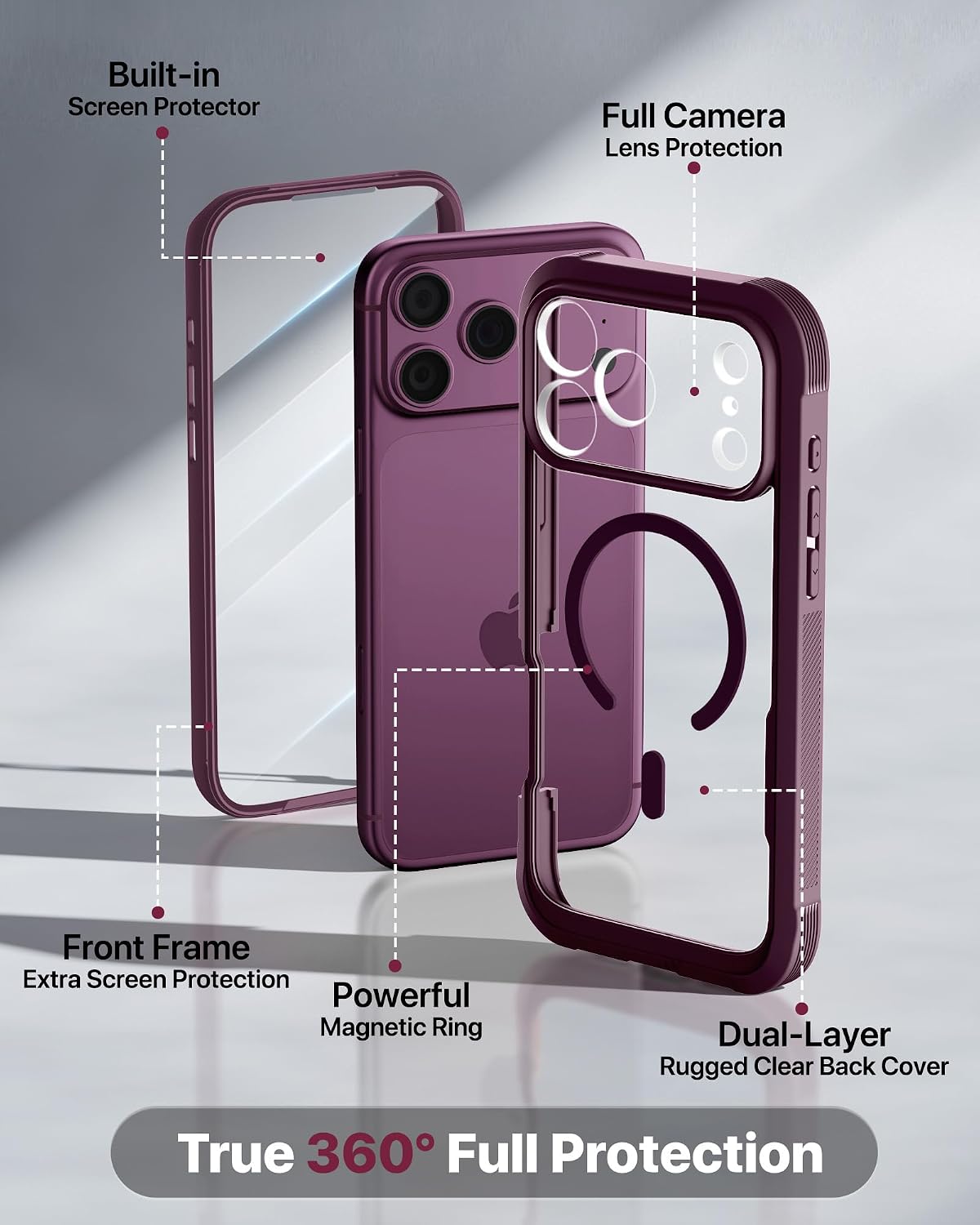 Thumbnail 3 de Diaclara Magnetic Case for iPhone 18 Pro with Screen Protector, Burgundy