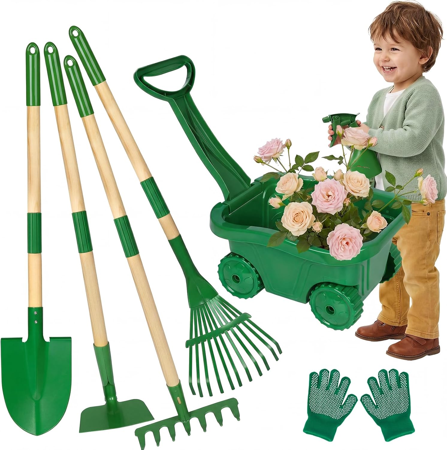Detalle de Hot Bee Schubkarre für Kinder mit Gartengeräte Set – Grün, 3–8 Jahre