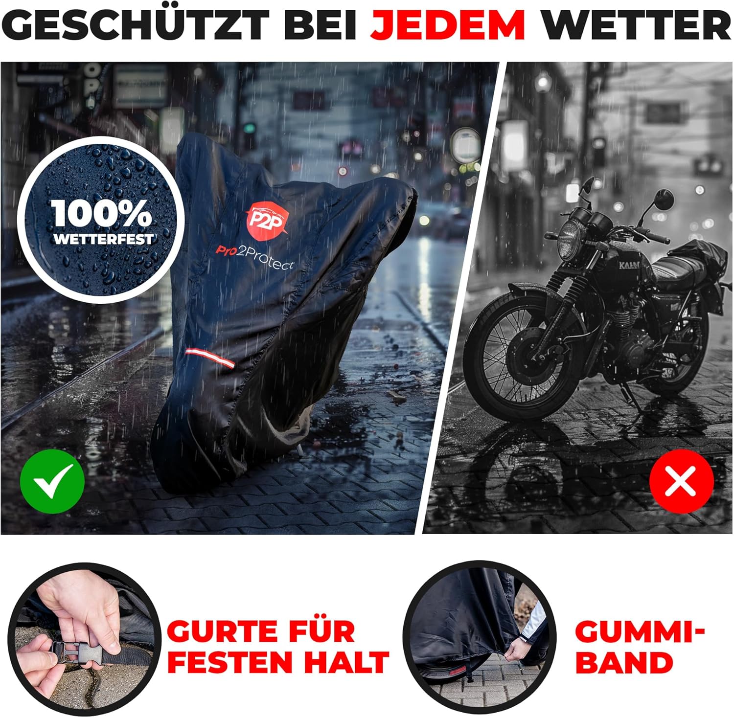Detalle de Pro2Protect Motorrad Abdeckplane Schwarz Rot – universell, wasserdicht, 245x105x125 cm