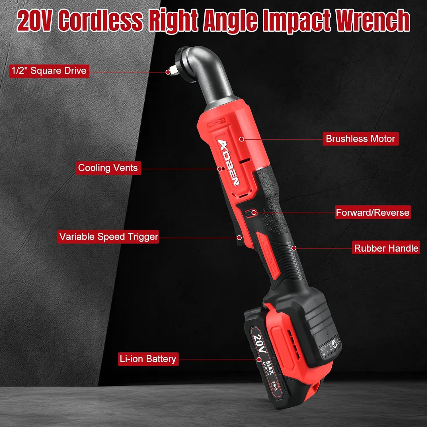 Detalle de AOBEN AB7333-2-260606 Brushless 1/2-Inch Right Angle Wrench, 20V