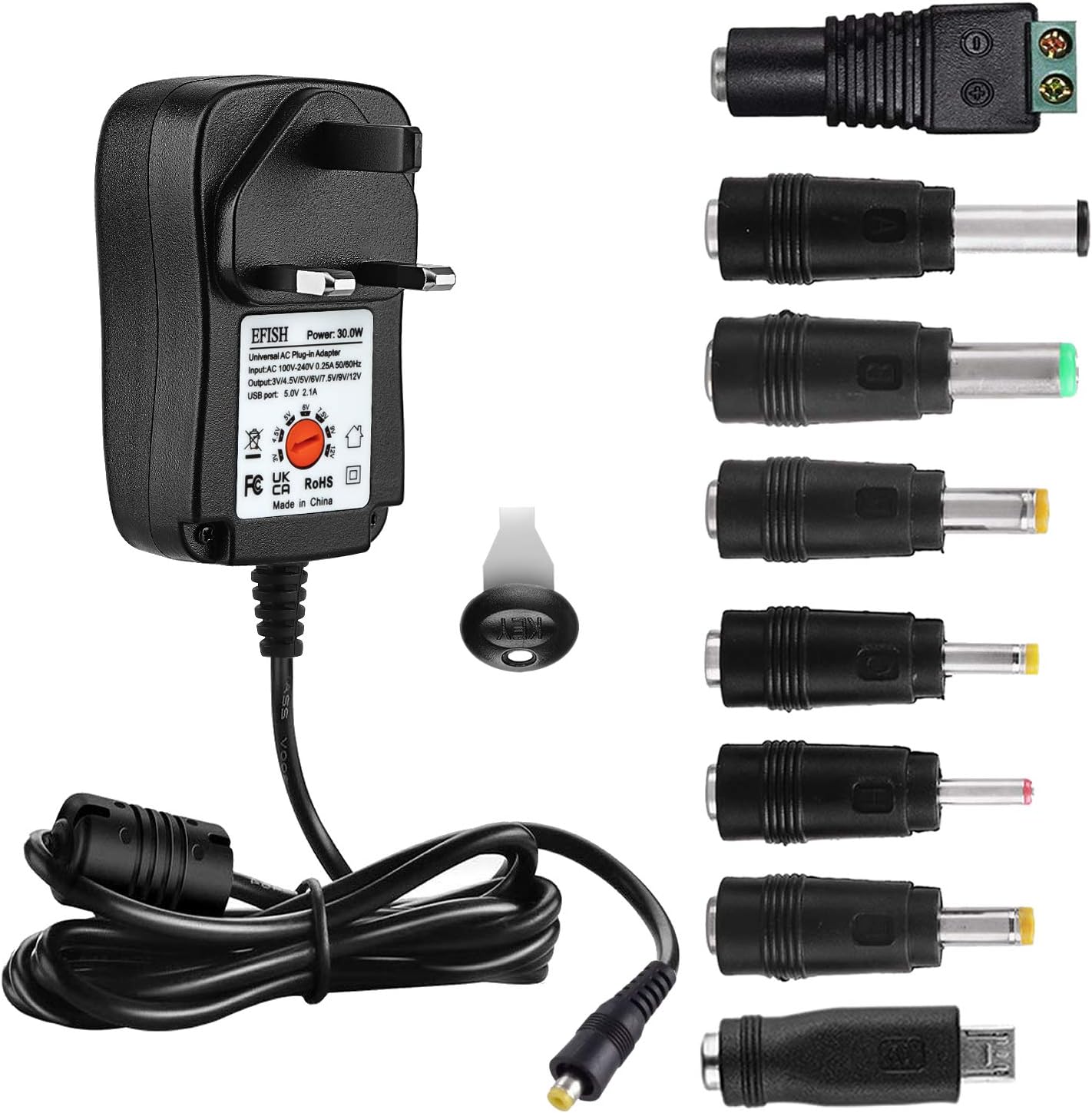 Detalle de EFISH International Power Adapters Multifunctional Portable Power Transformer with 8 Tips (UK Plug Included)