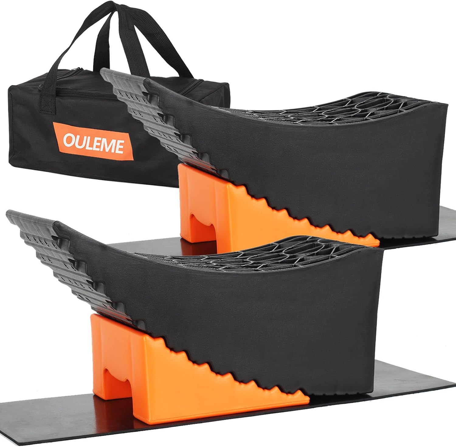 Detalle de OULEME Curved Leveling Blocks (2-Pack) for RV Tire Changes — Lift up to 6" with Chocks and Rubber Mat