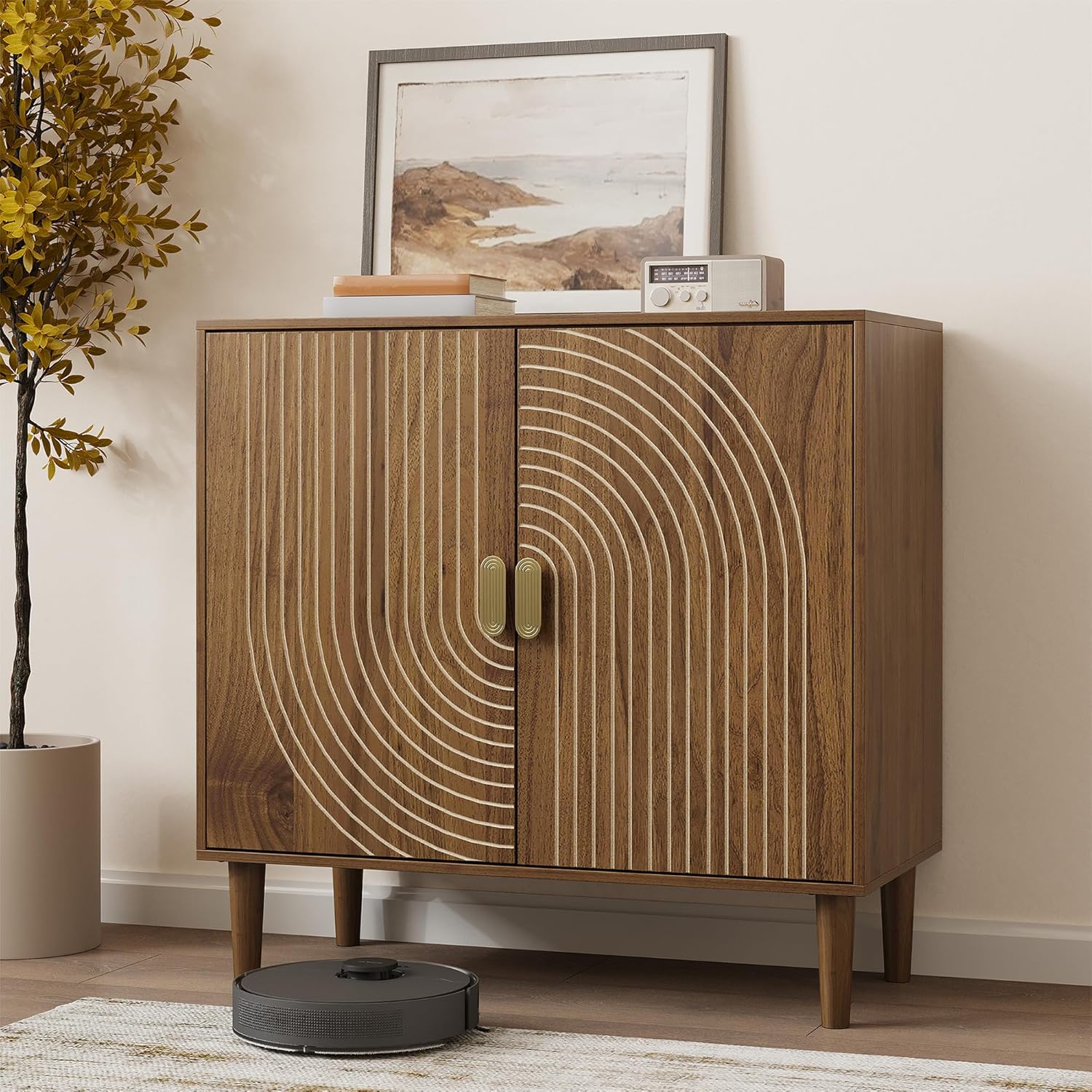 Detalle de Smuxee sideboard walnut buffet cabinet with adjustable shelf and grooved doors