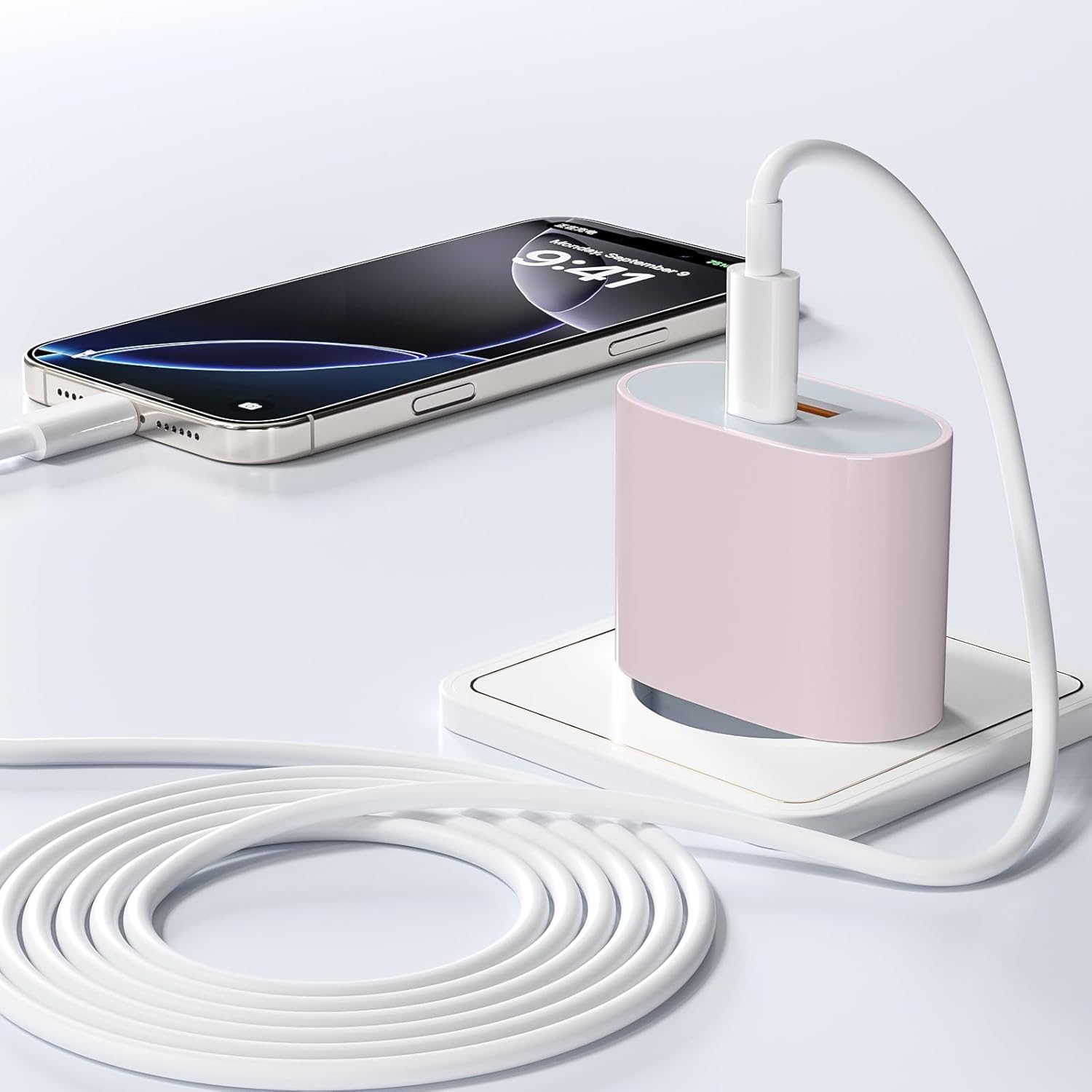 Thumbnail 2 de Alimentatore di ricarica rapida 25W rosa con doppia porta USB-C e USB-A compatibile iPhone e iPad