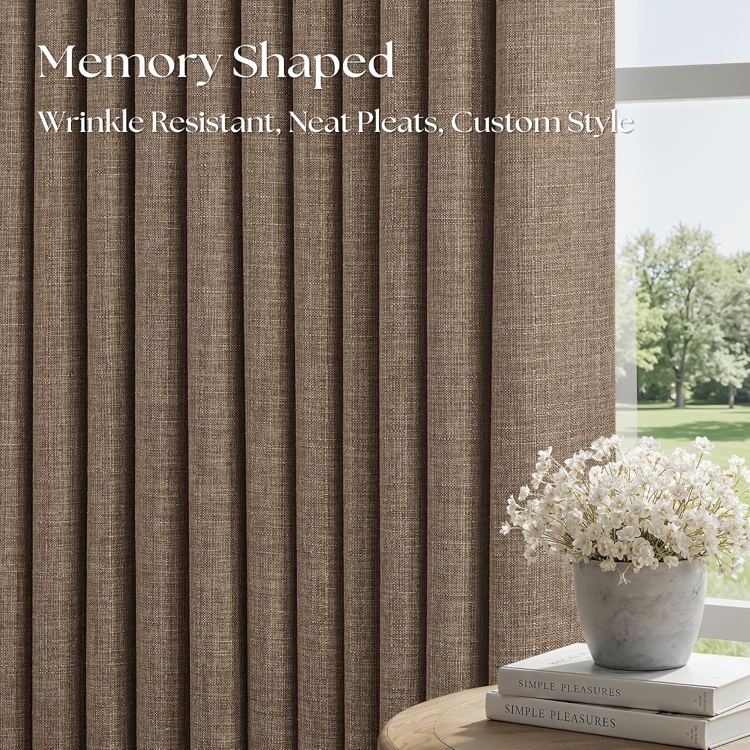 Detalle de Dark Flax Pinch Pleated 100% Blackout Linen Curtains – 50x84 Inches, Double Layer