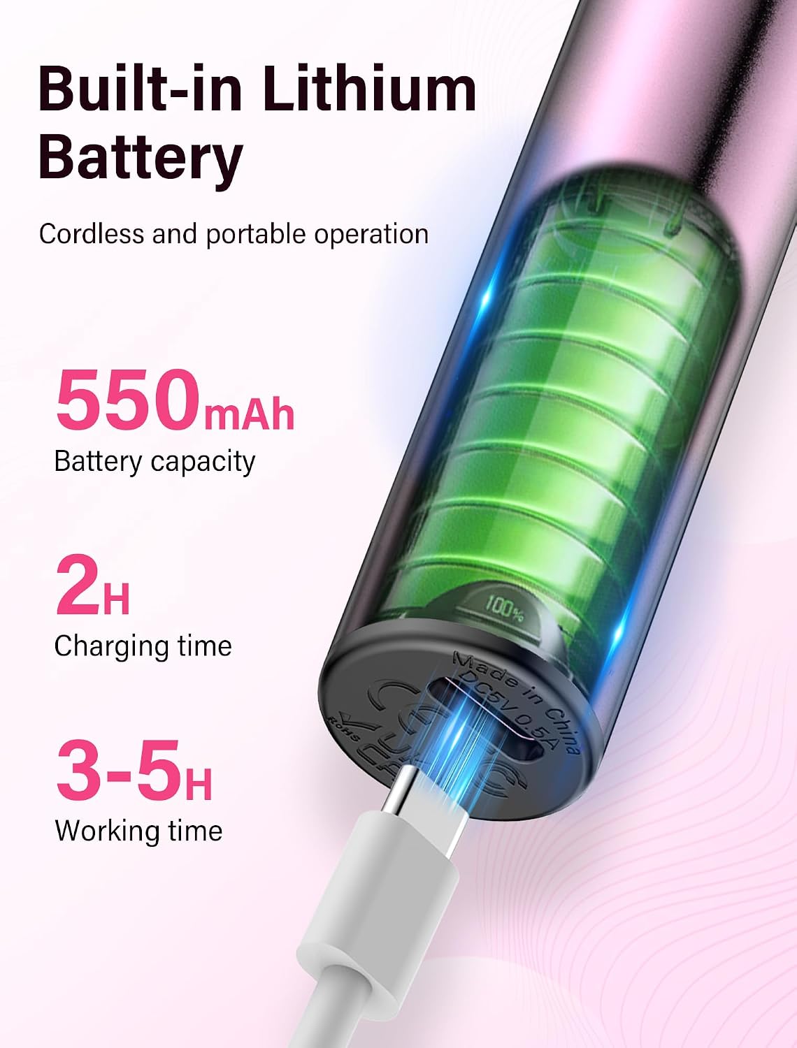 Detalle de QEANY Kabelloser Nagelfräser für Gel- und Naturnägel – 5 Geschwindigkeiten, LED-Anzeige, USB-C
