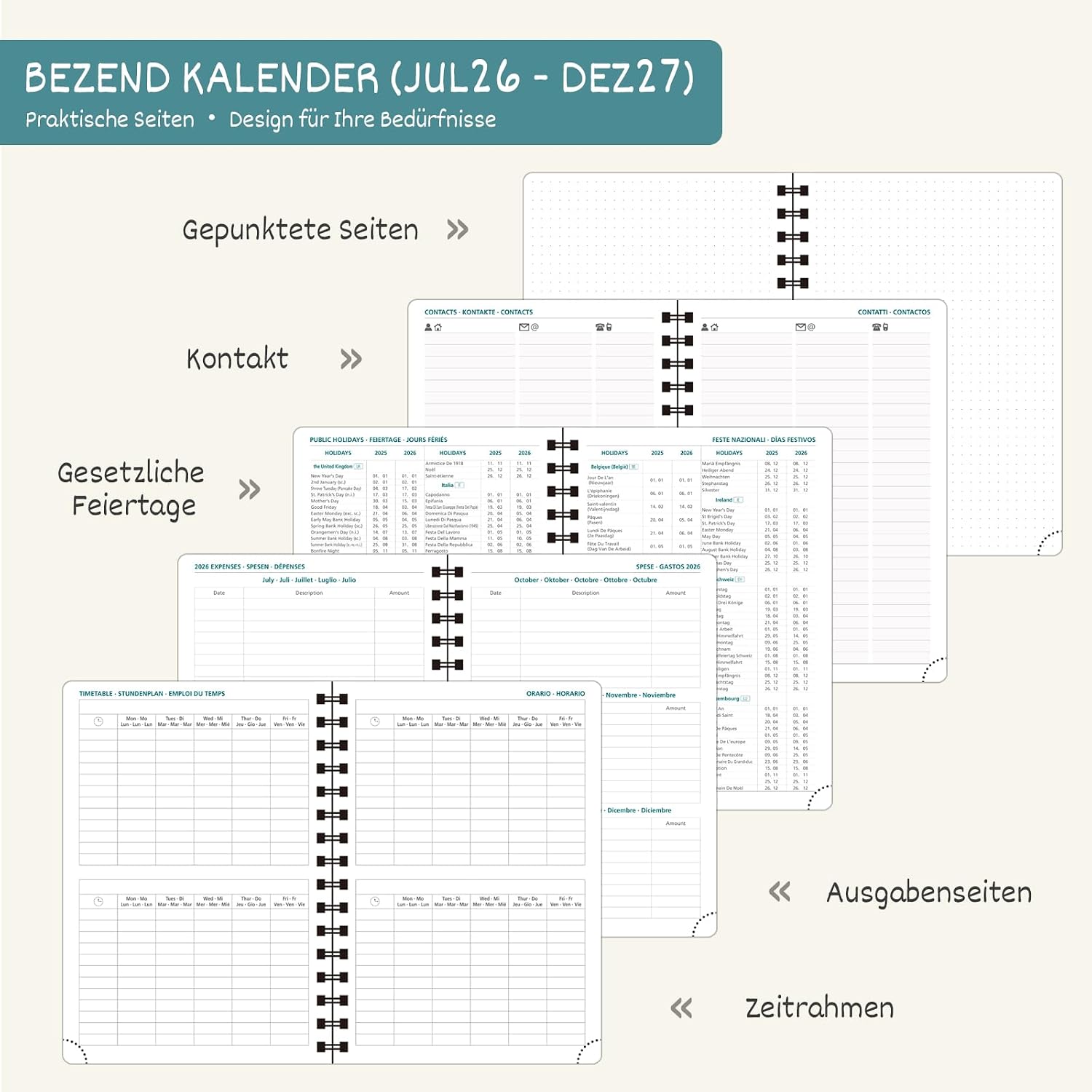 Detalle de BEZEND Kalender 2026/2027 – Wochenplaner A5, 18 Monate (Juli 2026–Dezember 2027) im Ringbuch PU-Leder Softcover, Lavendel