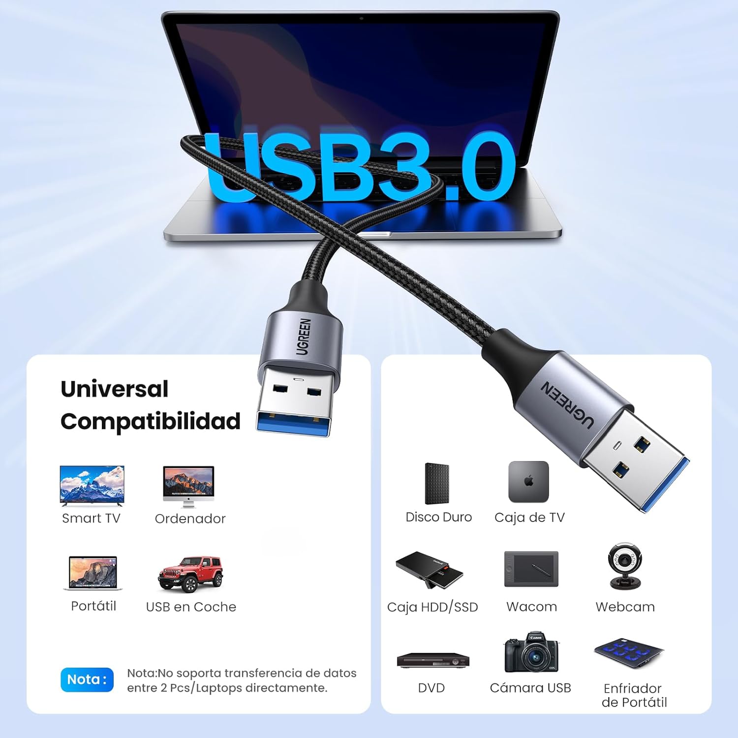 Detalle 2 de UGREEN Cable USB 3.0 Tipo A Macho 5Gbps 🔌 Ideal para Dispositivos