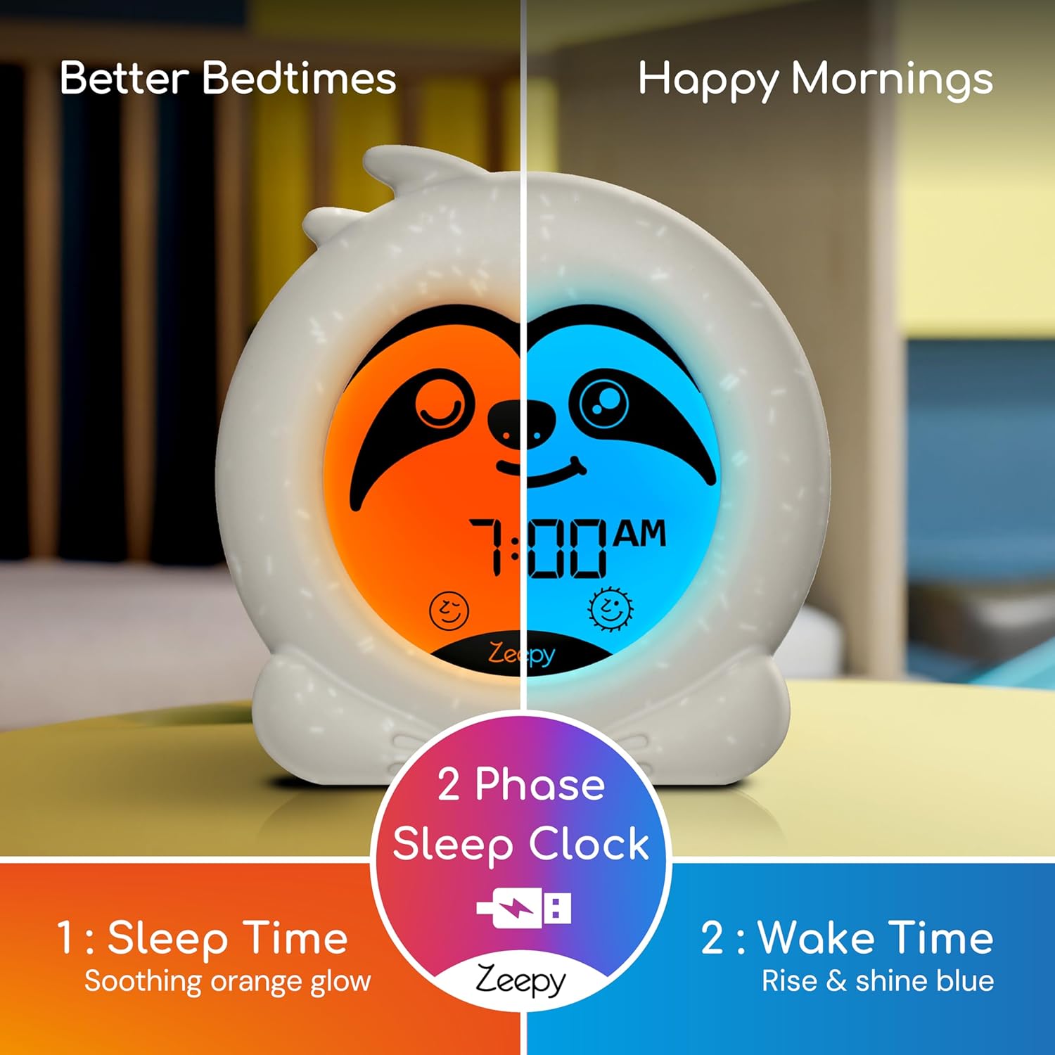 Detalle 2 de Zeepy 2-Phase Sleep Trainer Clock by Slumber the Sloth: USB-Powered Toddler Clock for Peaceful Nights