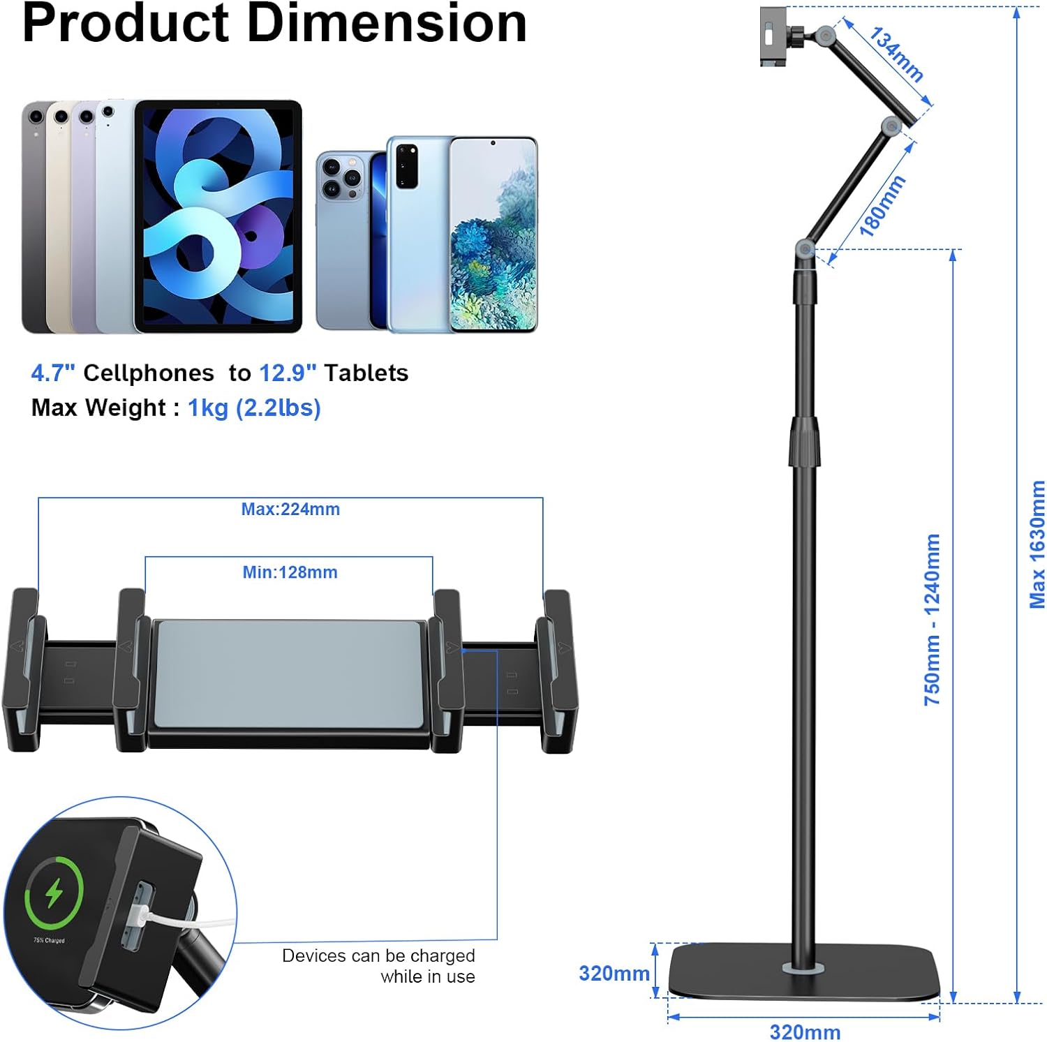 Detalle 2 de IMtKotW Tablet Bodenständer – universelle Tablet-Halterung mit Heavy-Duty-Basis, höhenverstellbar (4,7–12,9 Zoll) und 360° drehbar