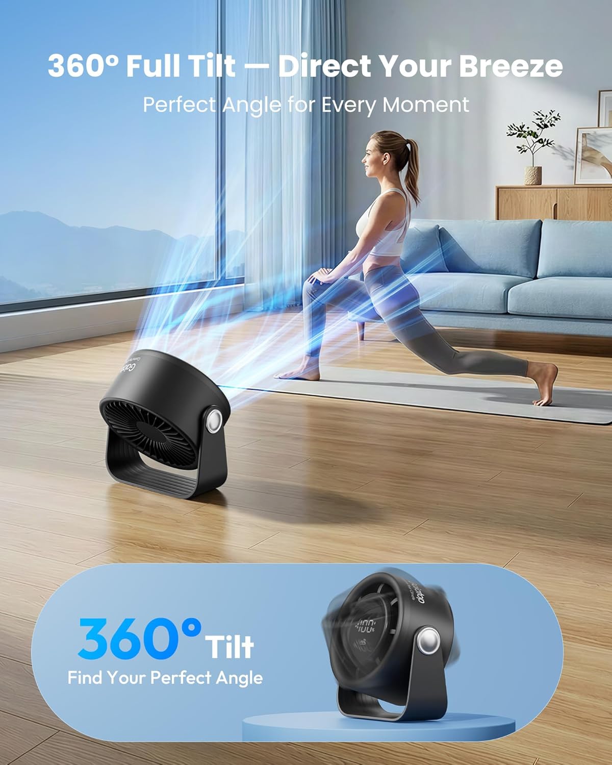 Thumbnail 4 de gaiatop Small Rechargeable Desk Fan (5in) with 4000mAh Battery, Touch Control LED, 360° Tilt, 5 Speeds – Black