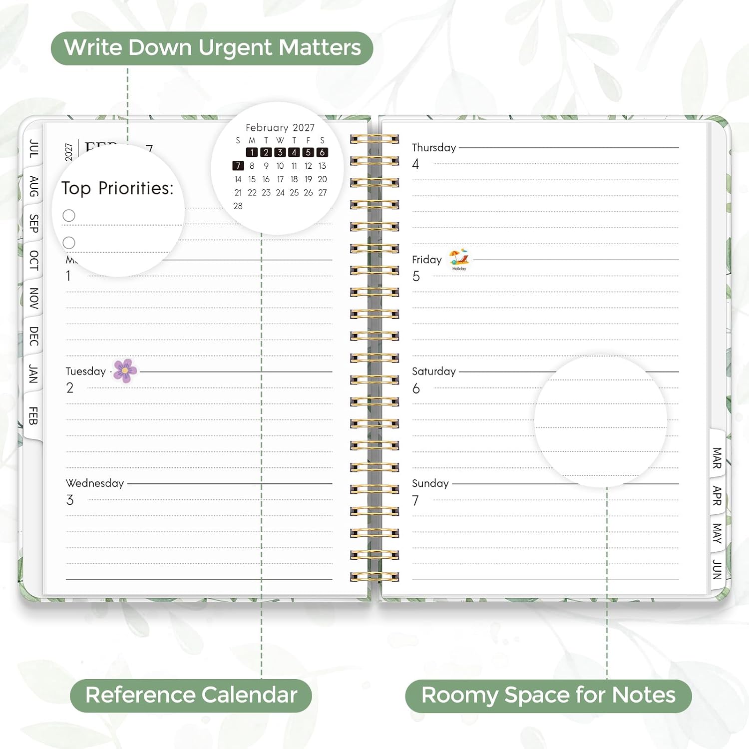 Detalle 1 de KONVINIT Academic Planner 2026-2027, A5 Green Leaves Monthly Planner