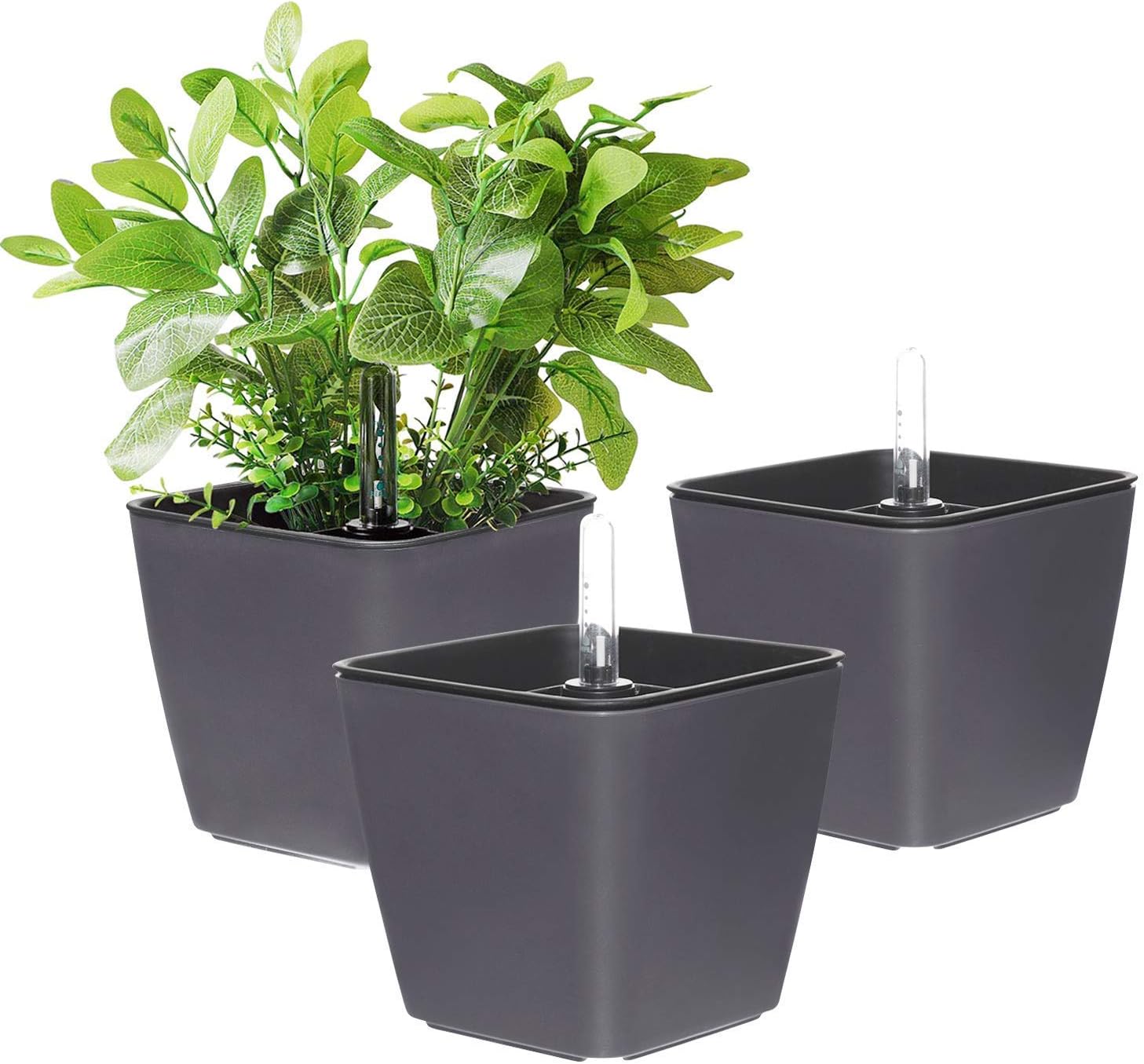 Detalle de T4U Fioriera autoirrigante in plastica 13,5 cm grigio (con indicatore livello acqua) – Confezione da 3