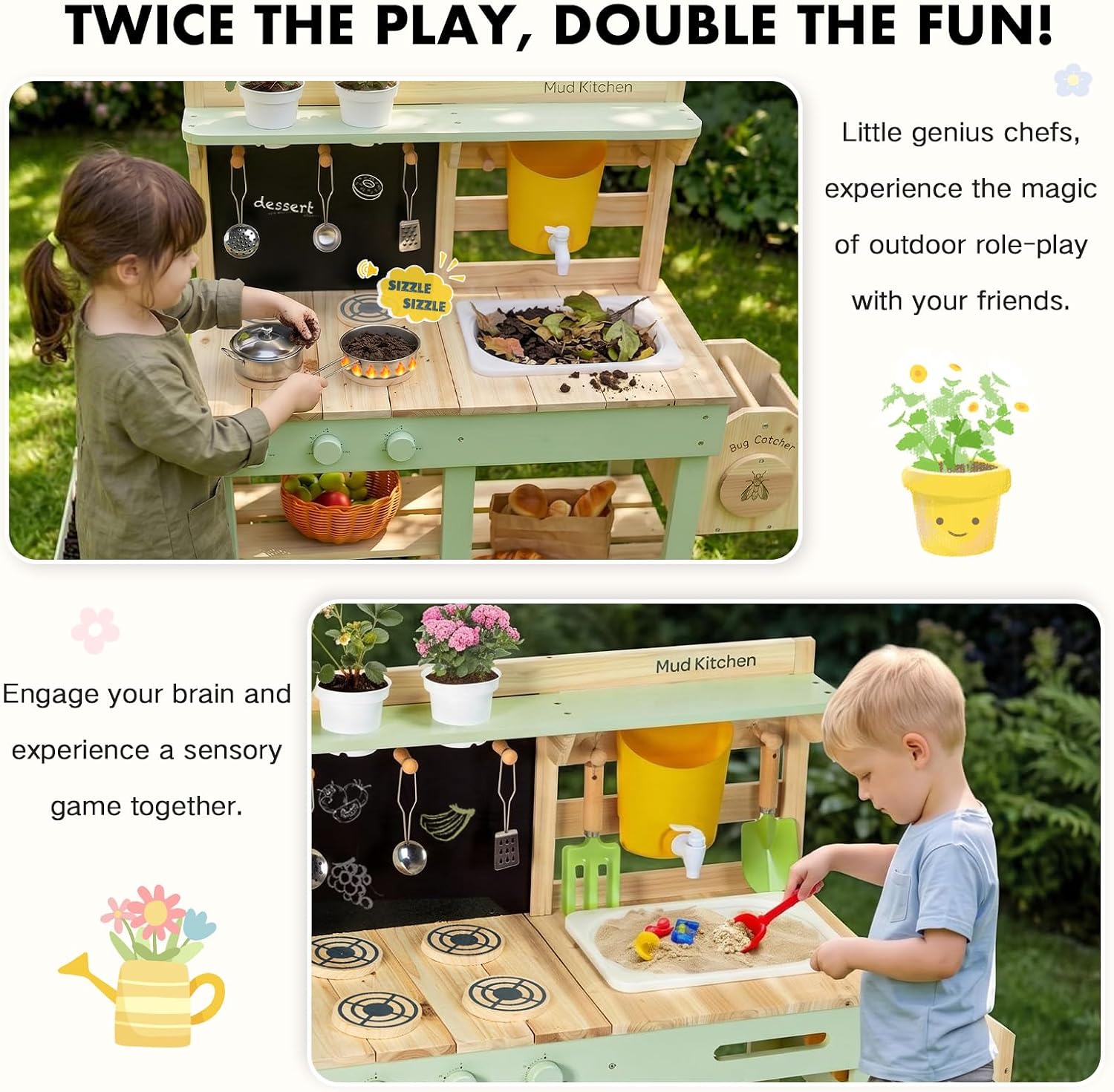 Detalle 2 de Labebe Matschküche Kinder Outdoor – 3-in-1 Spielküche mit Spüle, Pflanzkasten und Insekten-Beobachtungsbox