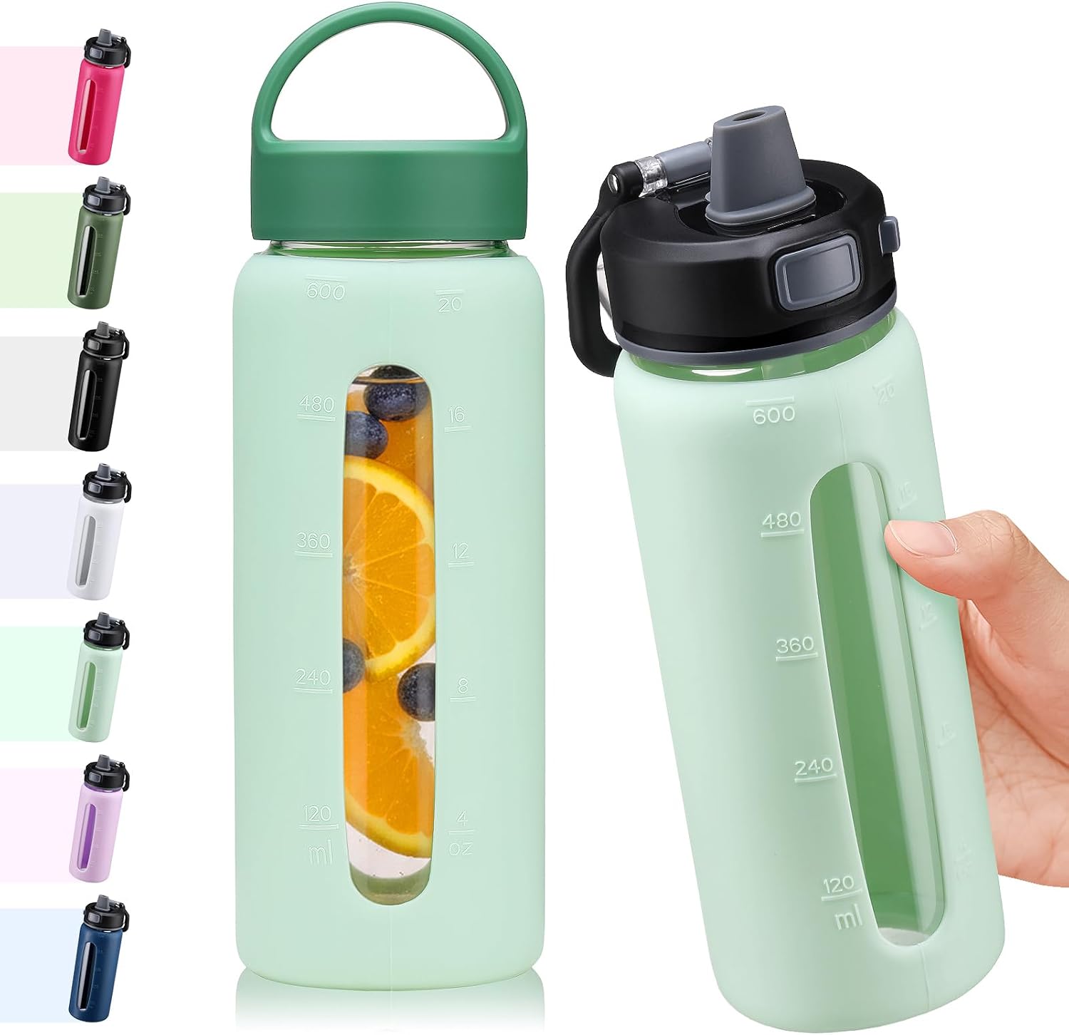 Detalle de BLUEGO Glas-Wasserflasche 600 ml mit 2 Deckeln & Zeit-Skala (Borosilikat, BPA-frei) – hellblau