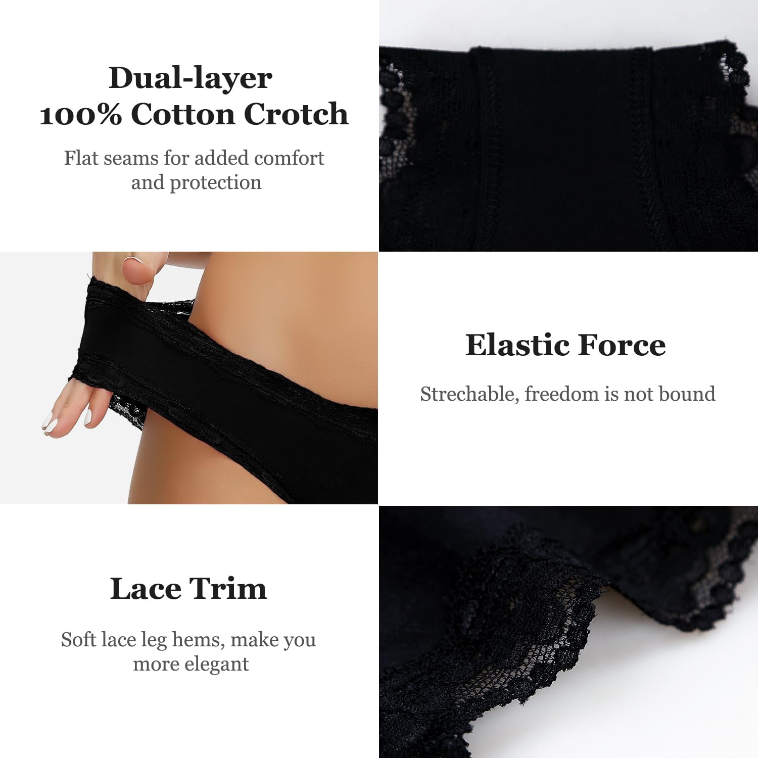 Detalle 1 de LYYTHAVON Women's Cotton Briefs, 5-Pack with Lace Trim, Black