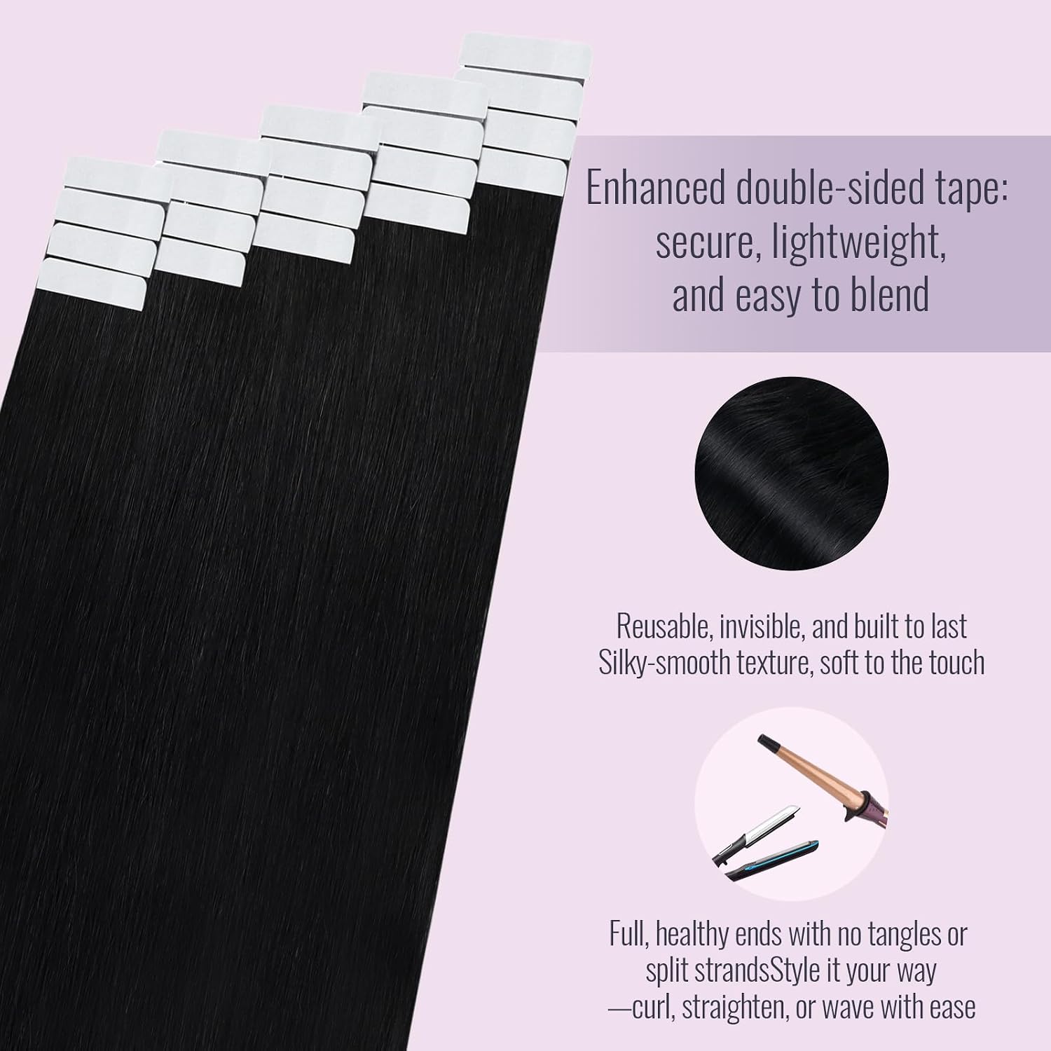 Detalle de Fshine Tape-in Extensions Echthaar Tiefschwarz (30 g, 20 Stück) – Remy-Haar mit doppelseitigem Klebeband