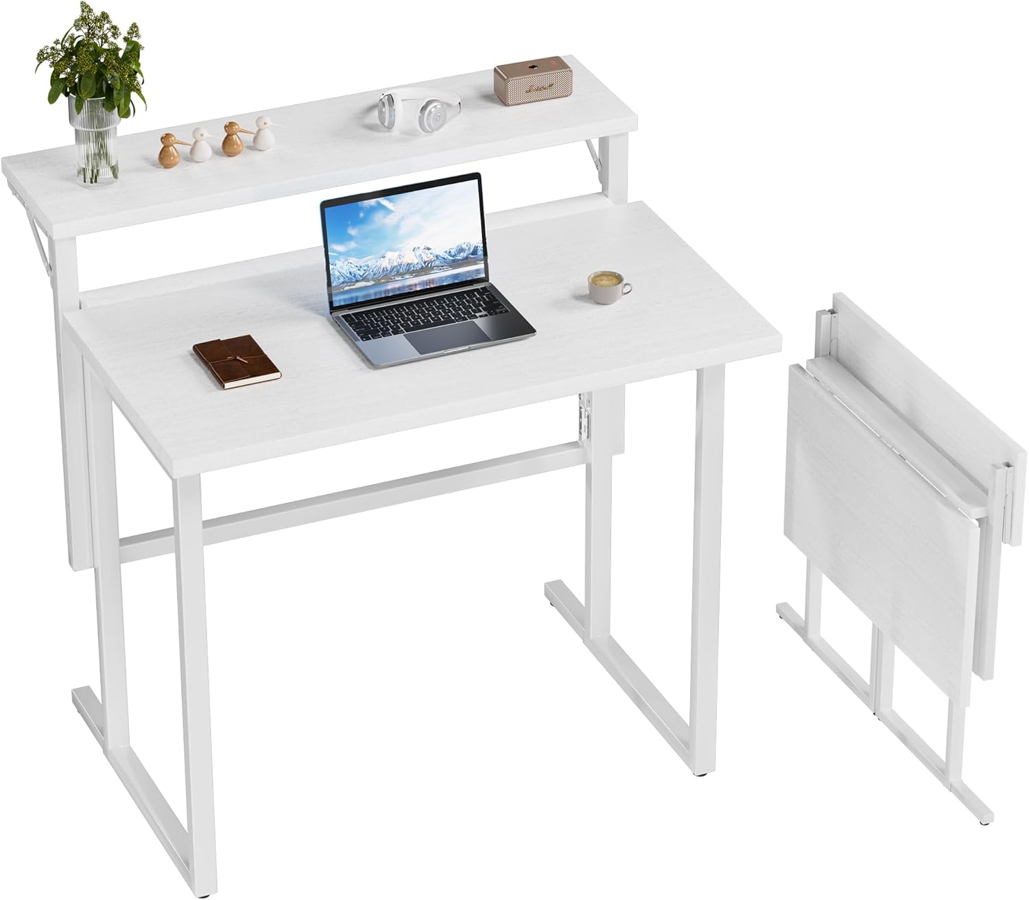 Detalle de JUMMICO Scrivania pieghevole: piccola scrivania bianca con supporto monitor, 80 x 40 cm
