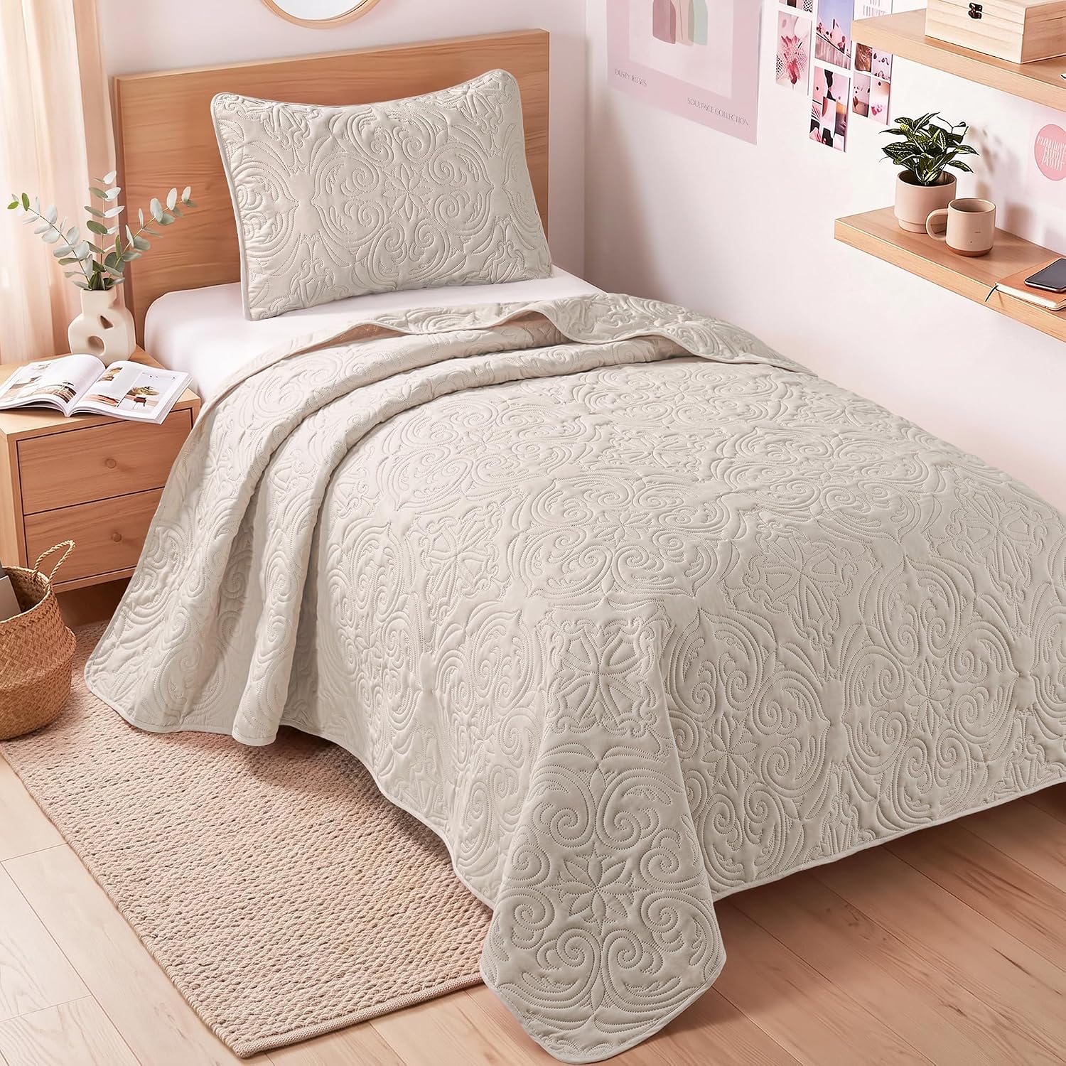 Detalle de Exclusivo Mezcla QS-YP-TBE Twin Quilt Set, Beige Cream Microfiber Damask