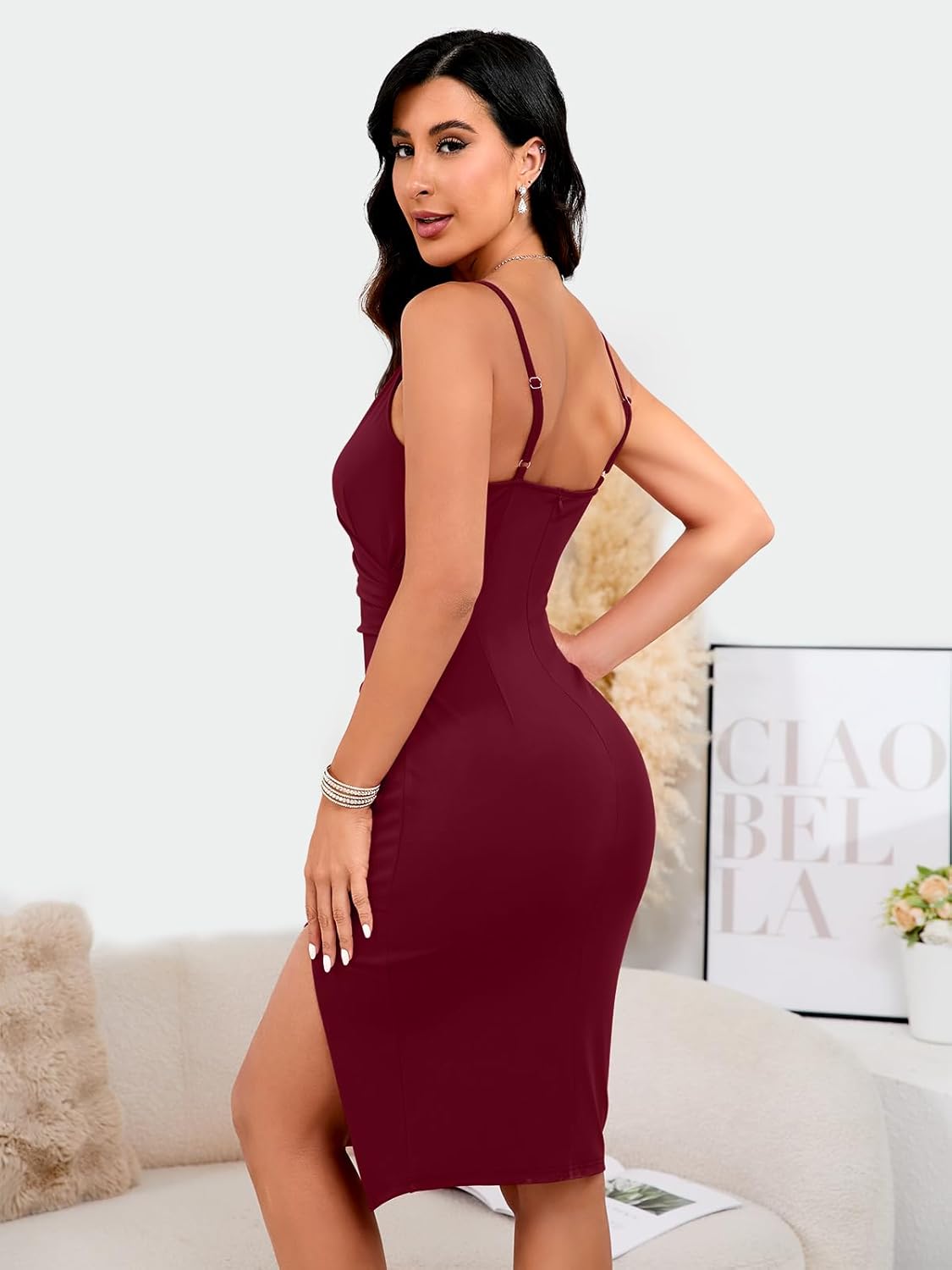 Thumbnail 2 de WAYMAKER Women's Sexy V Neck Wrap Ruched Side Slit Bodycon Dress