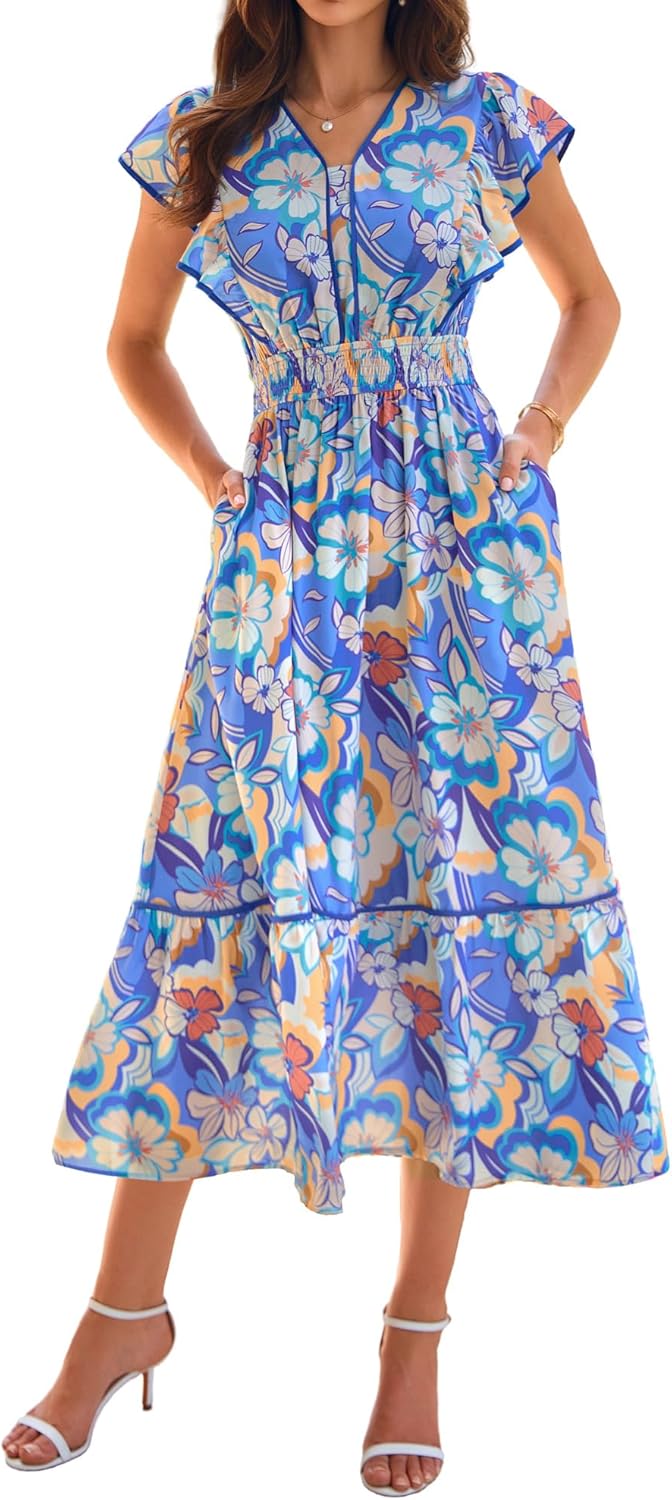 Detalle 2 de GRACE KARIN Robe florale à manches courtes et volants pour femme — Élégance légère et confort