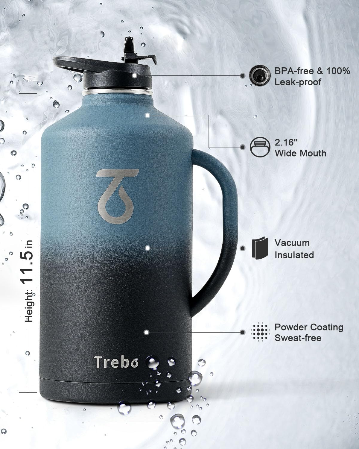 Thumbnail 3 de Trebo 3.8 L Insulated Water Bottle with Handle (Indigo Black) – 64 oz Stainless Steel Jug