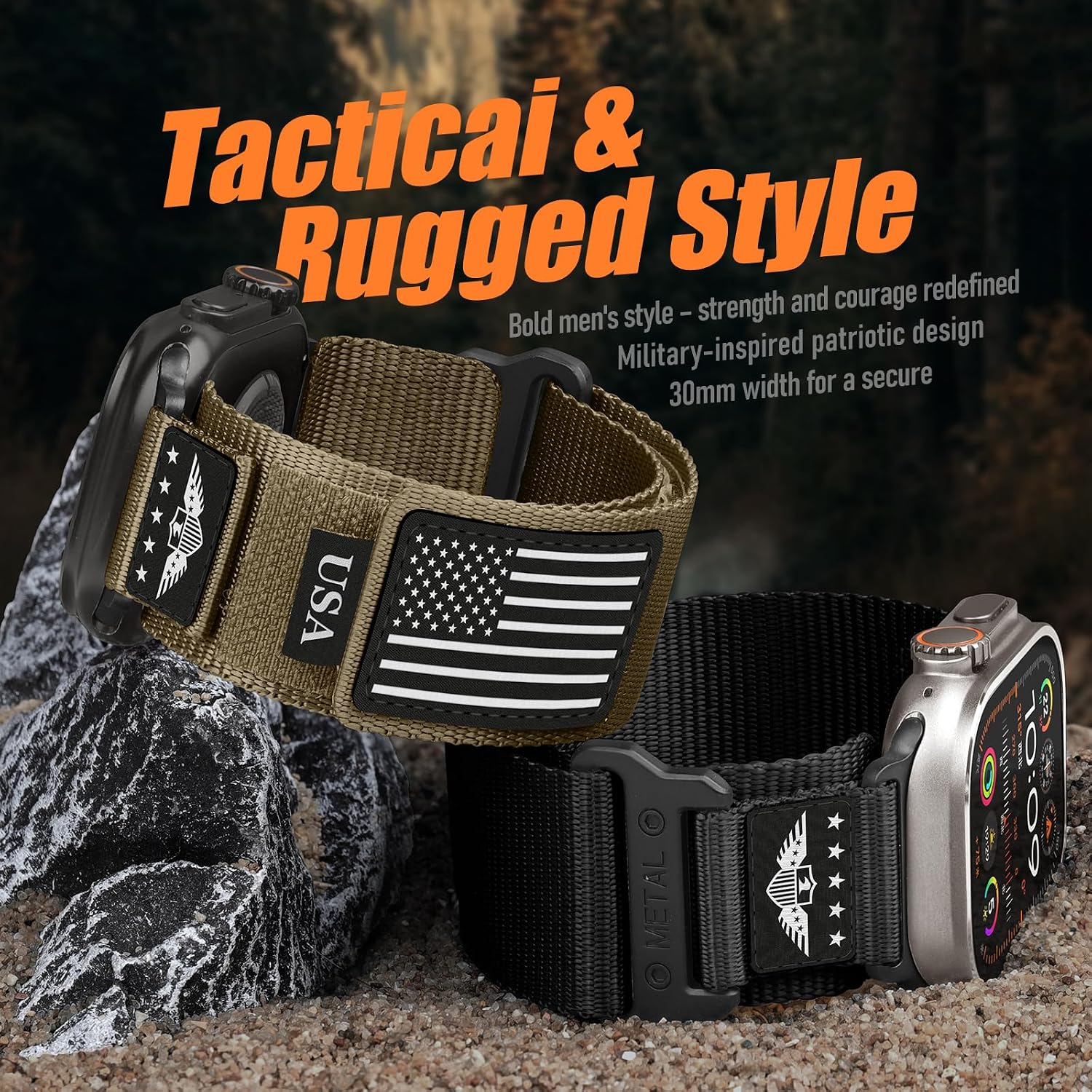 Detalle de Rugged Nylon Band for Apple Watch Ultra 2/3 — Stars-Stripes Flag Strap for Men (49mm/46mm/45mm/44mm/42mm)