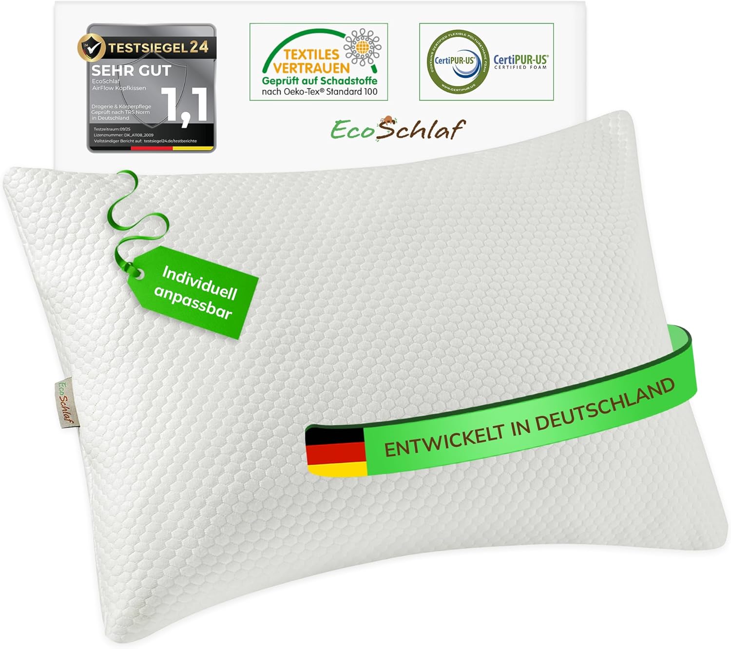 Detalle de EcoSchlaf Airflow Kopfkissen – Orthopädisches Nackenstützkissen mit Memory Foam