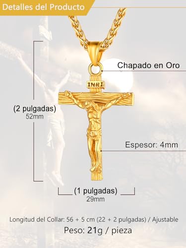 Detalle 2 de U7 Colgante crucifijo con Jesús, acero inoxidable bañado en oro y cadena espiga ajustable