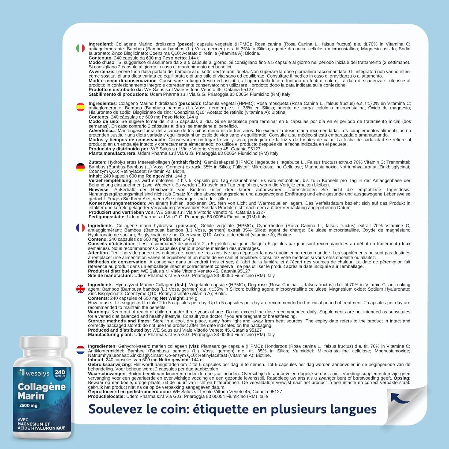 Detalle de Collagène Marin et Acide Hyaluronique - 240 Gélules par Wesalys (2500 mg COH)