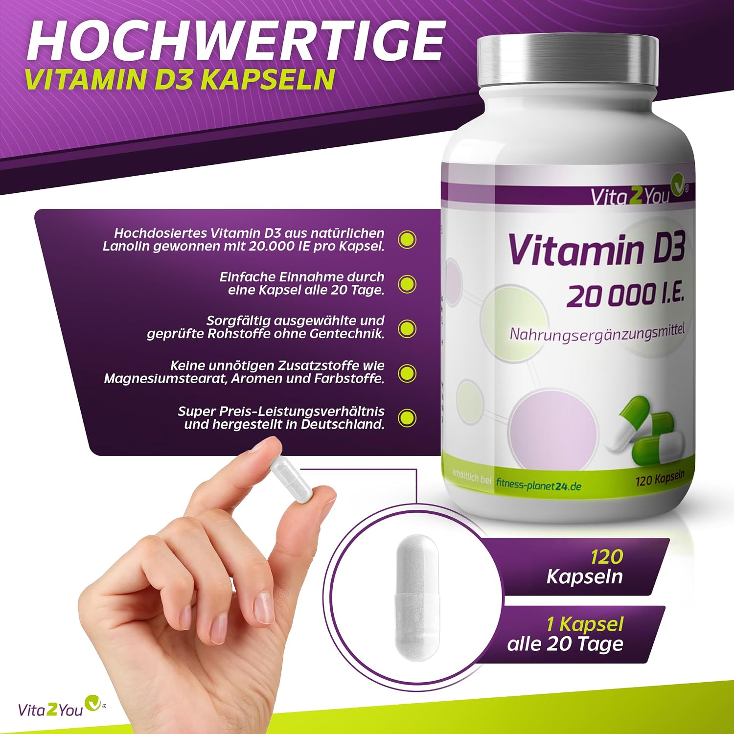 Detalle de Vita2You Vitamin D3 20.000 IE – 120 Kapseln (1.000 I.E./Tag) aus Deutschland
