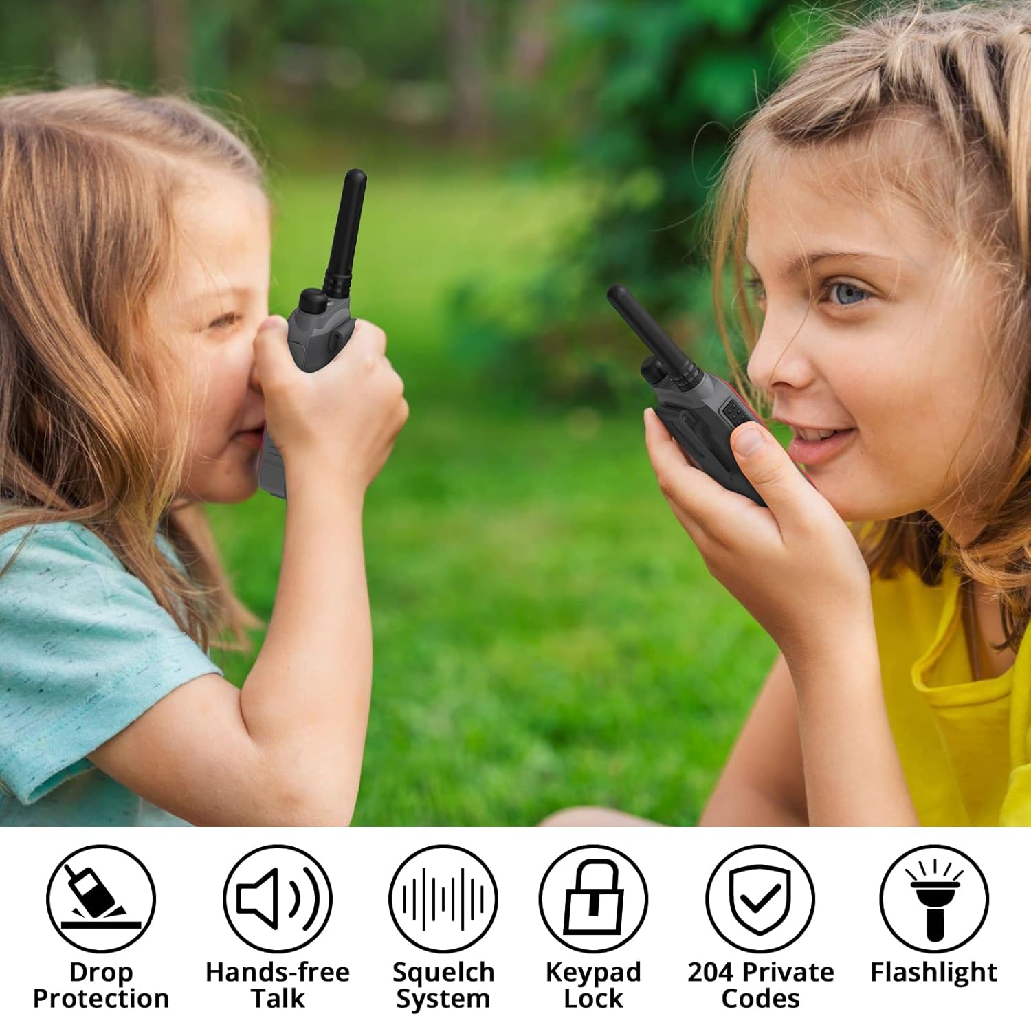 Detalle de Radioddity PR-T3 Walkie Talkie bambini ricaricabile PMR 16 canali con ricarica USB e portachiavi (rosso/blu)