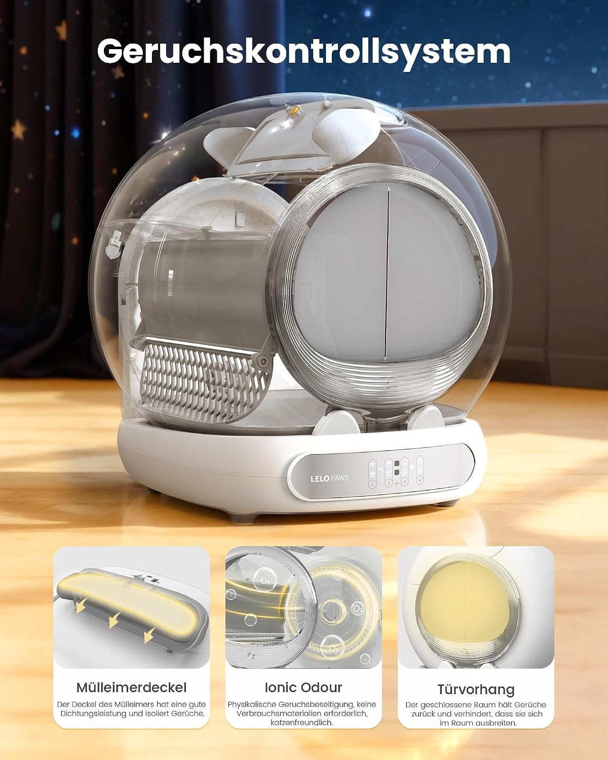 Detalle de LELO PAWS Selbstreinigende Katzentoilette mit Türvorhang – 65L/9L, App-Steuerung, Geruchskontrolle, XXL für Mehrkatzen
