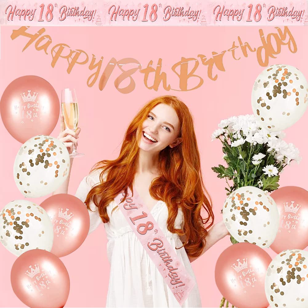 Detalle 2 de DEARLIVES 18th Birthday Decorations set in rose gold (banner, sash, cake topper, flags & confetti balloons)