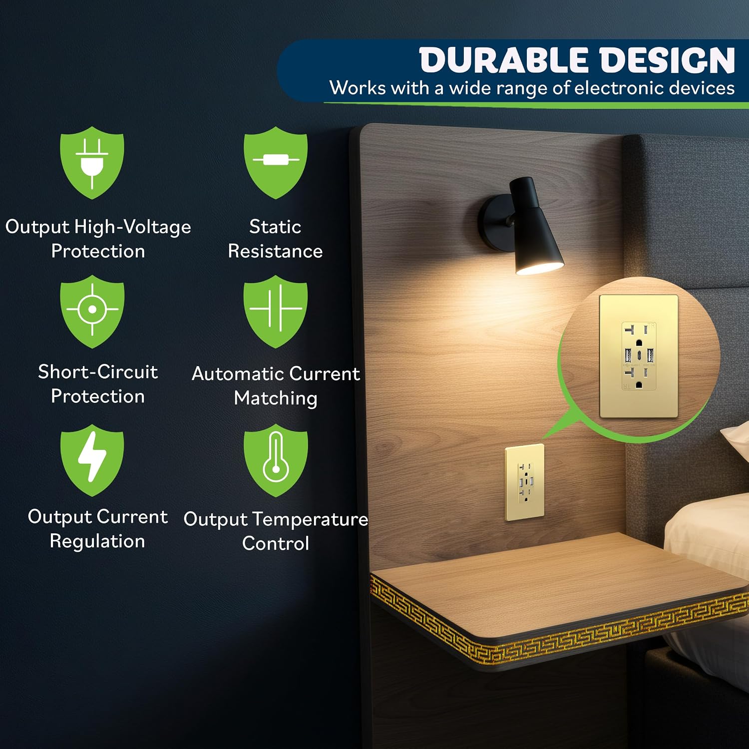 Detalle de TOPGREENER TU22036AC3-GDWSI 3-Port USB-C & USB Wall Outlet (20 Amp, Tamper-Resistant) with Gold Faceplate