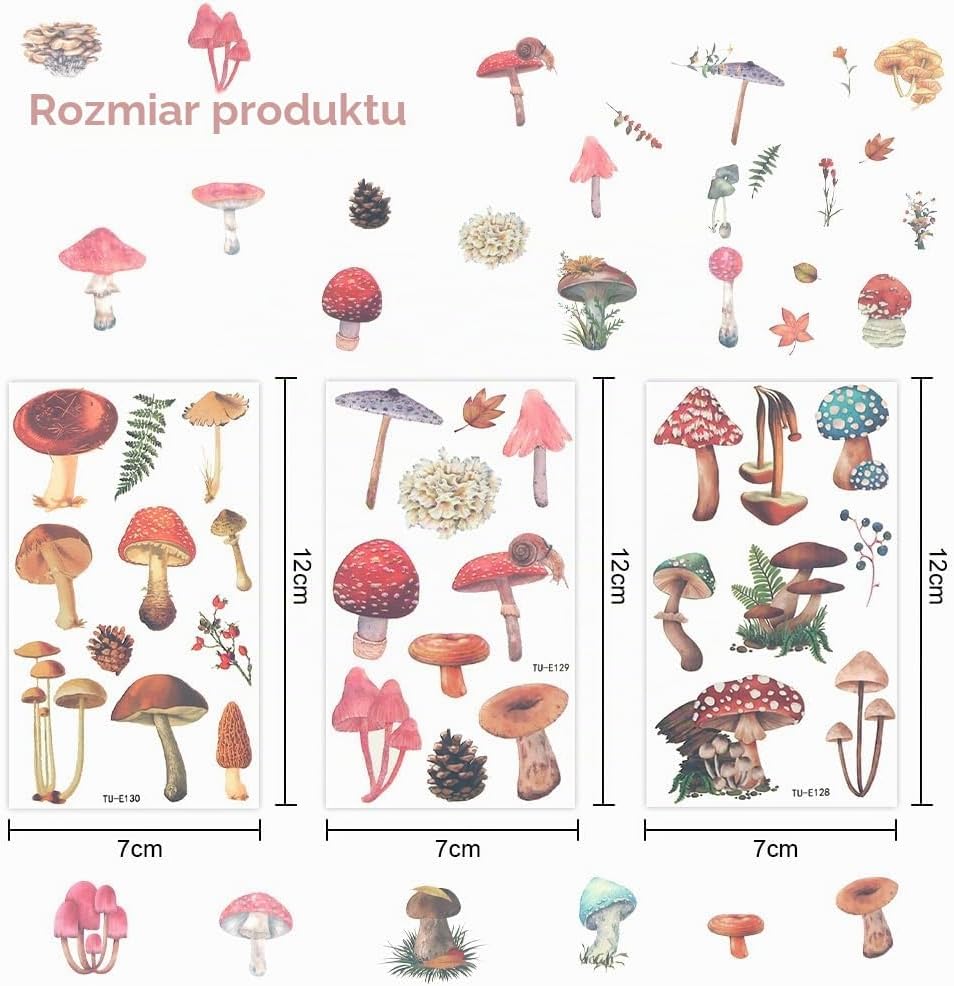 Detalle 2 de AOOWU – zestaw 10 arkuszy tatuaży tymczasowych z grzybkami dla dzieci