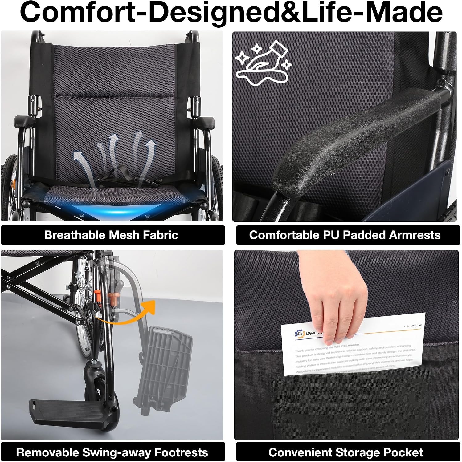 Thumbnail 4 de WHLICKS A06 Lightweight Folding Transport Wheelchair, Aluminium Frame