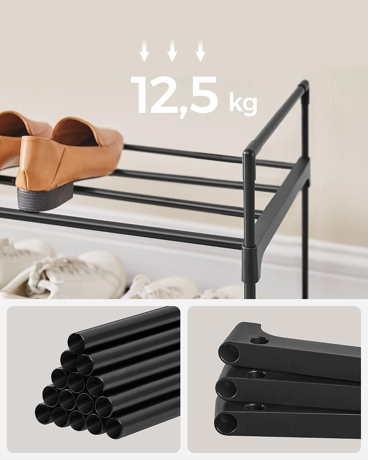 Detalle de SONGMICS LSA032B01 schoenenrek, 2 lagen, stapelbaar, 30 x 116 x 34 cm