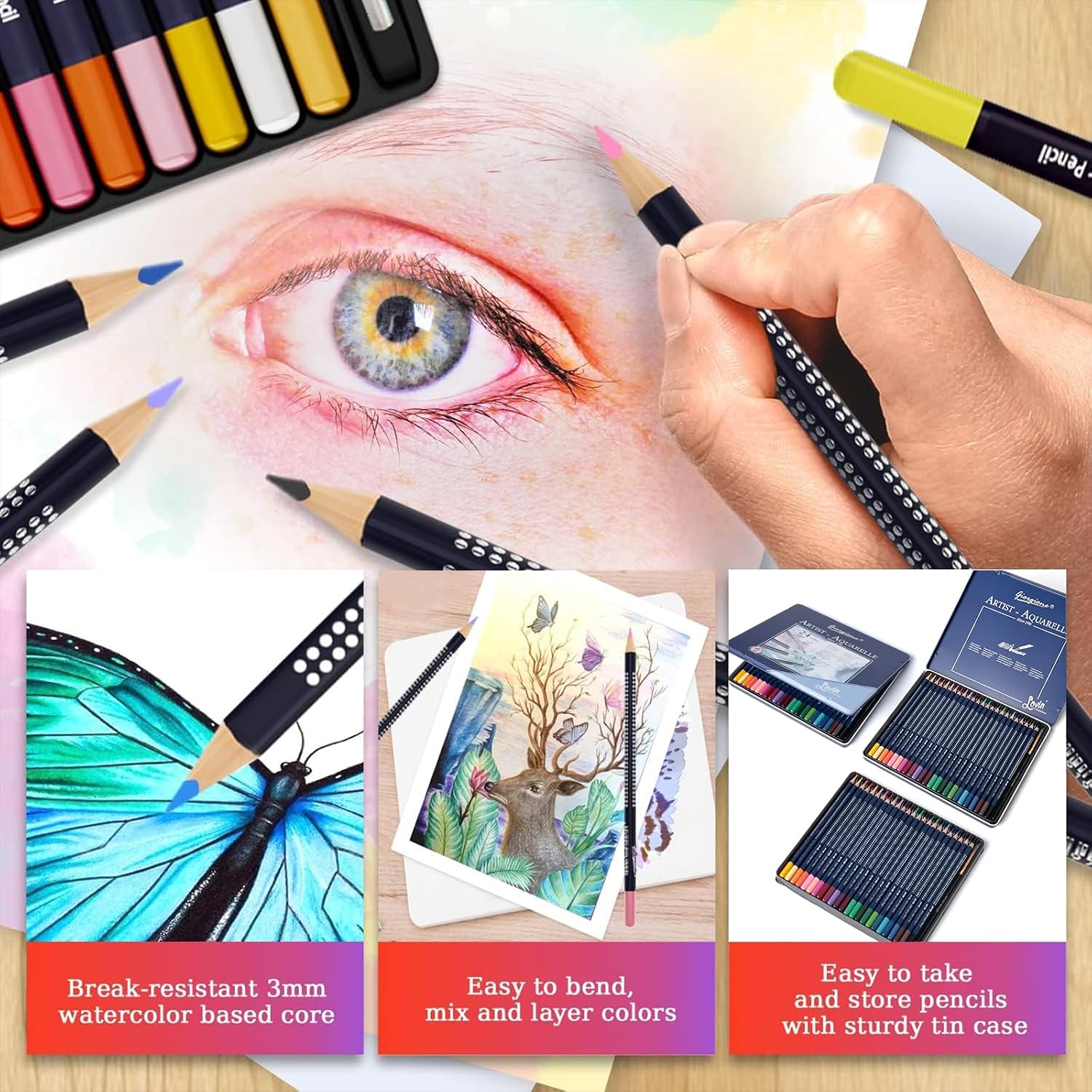 Detalle de Reaeonat Watercolour Pencils 24 Colour Set in Tin Box – A Practical Choice for Beginners and Everyday Artists