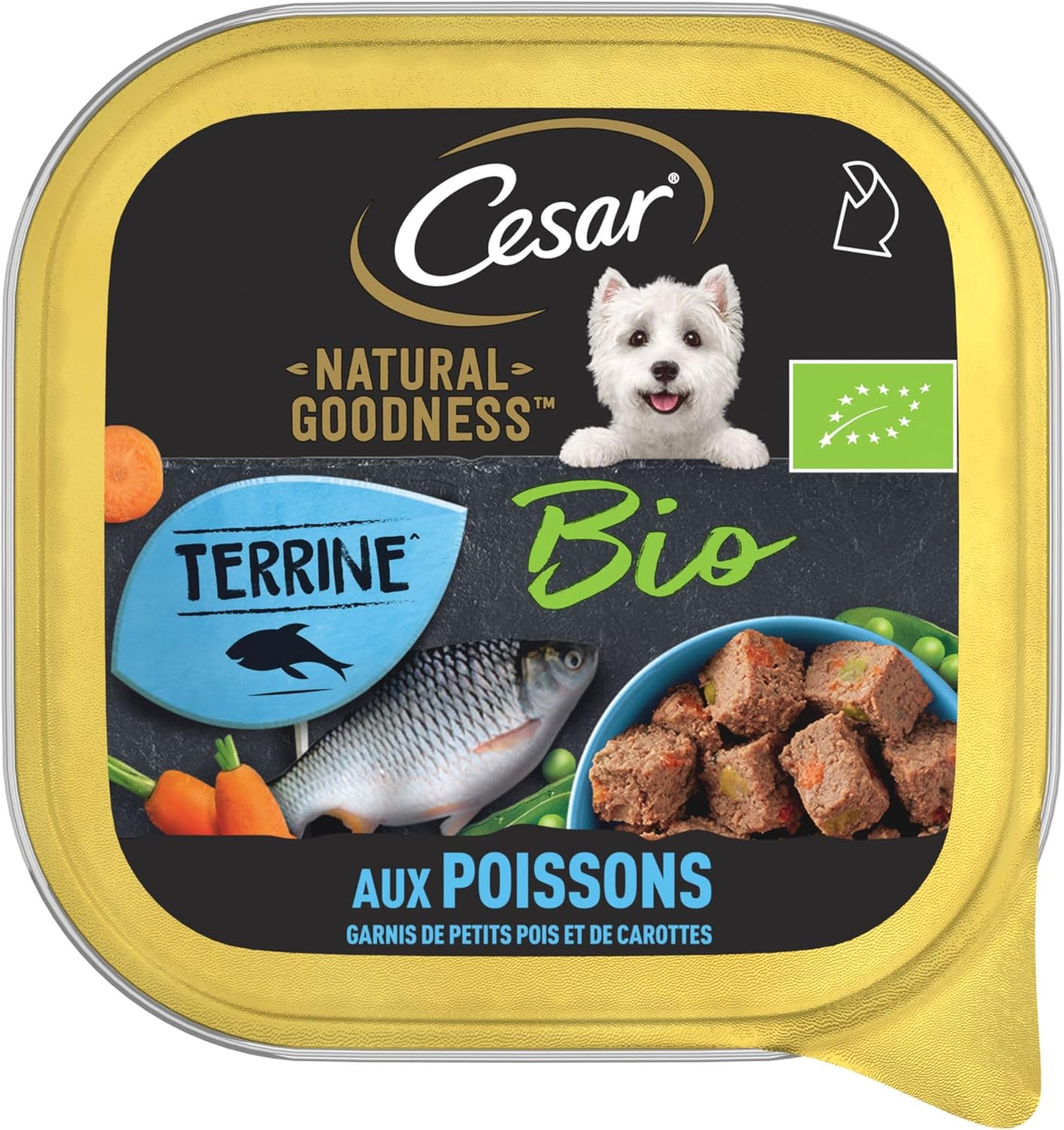 Detalle de Cesar Barquettes Natural Goodness Bio Terrine – Nourriture humide pour chien, Poissons garnis de petits pois et carottes – Lot de 16 barquettes x 100 g