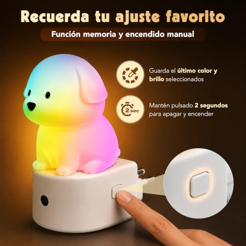 Detalle de AMHÖ Luz Nocturna Infantil con Enchufe Perro 3D: lunares colores suaves para dormir sin sobresaltos