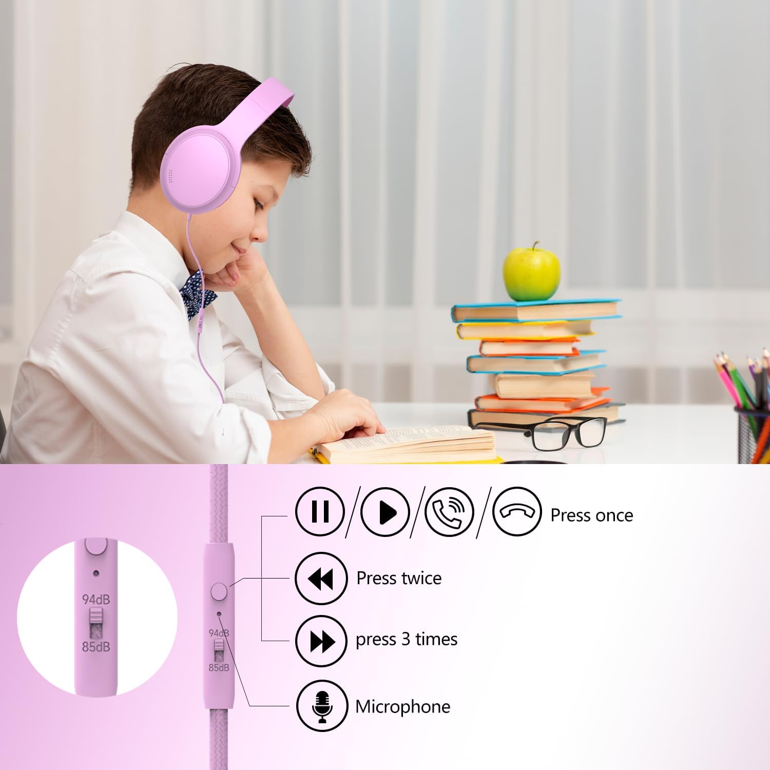 Thumbnail 4 de Usoun Kids Headphones: Wired Over-Ear with 85/94dB Volume Limiter (Pink)