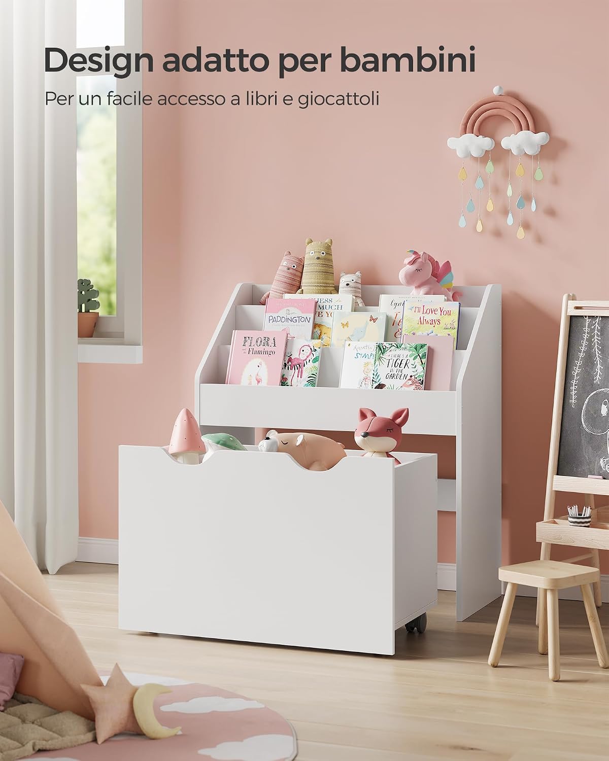 Thumbnail 4 de SONGMICS Scaffale per Giocattoli e Libreria 3 Scomparti con Contenitore Portagiochi a Ruote, Bianco Nuvola GKR041W10