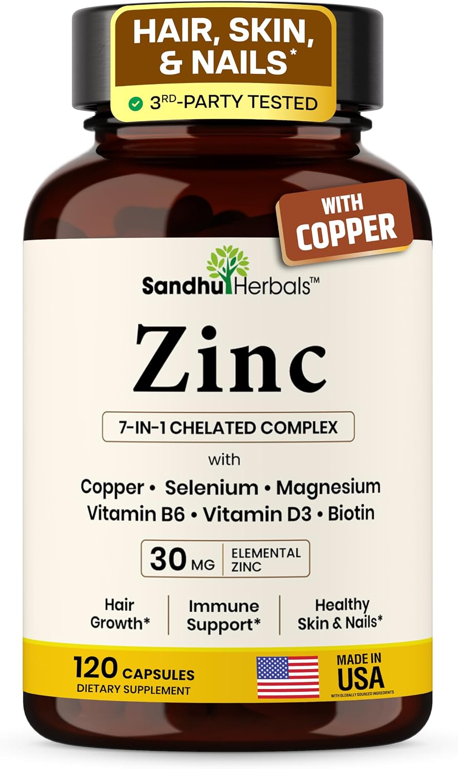 Detalle de SANDHUHERBALS SH-4239A Zinc Supplement, 30 mg Chelated Zinc, 120 Capsules