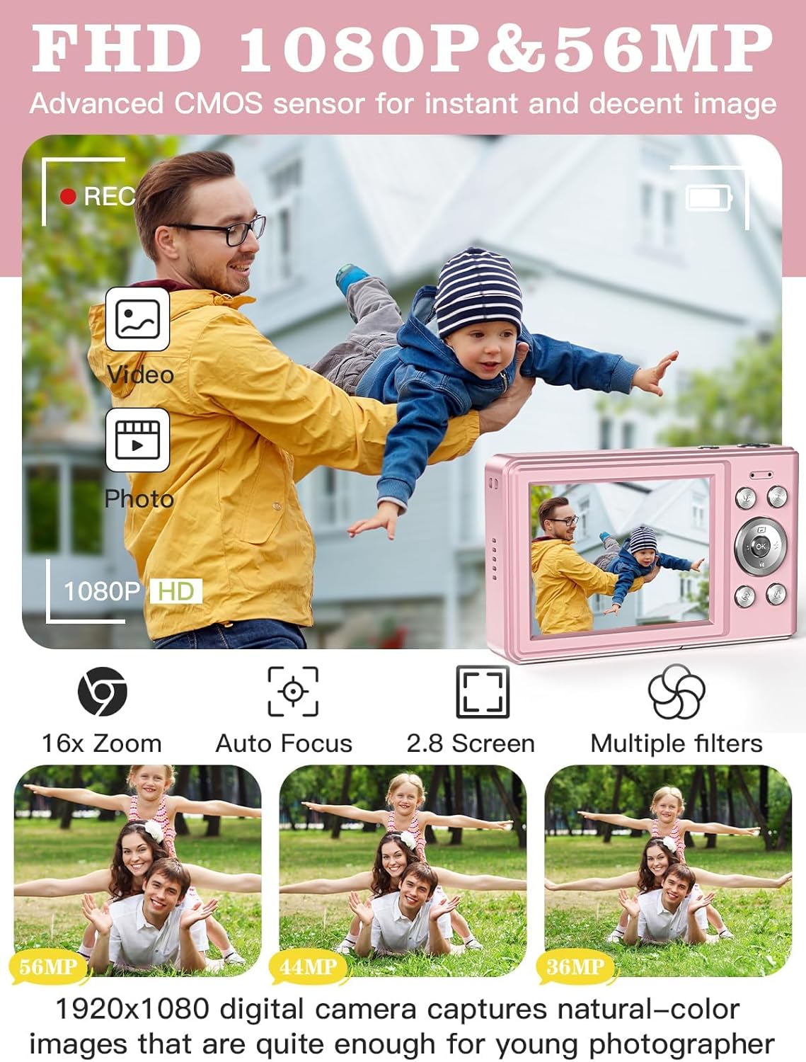 Thumbnail 1 de Kids digital camera (56MP, FHD 1080P) with 16X zoom, anti-shake and 32GB TF card – Pink