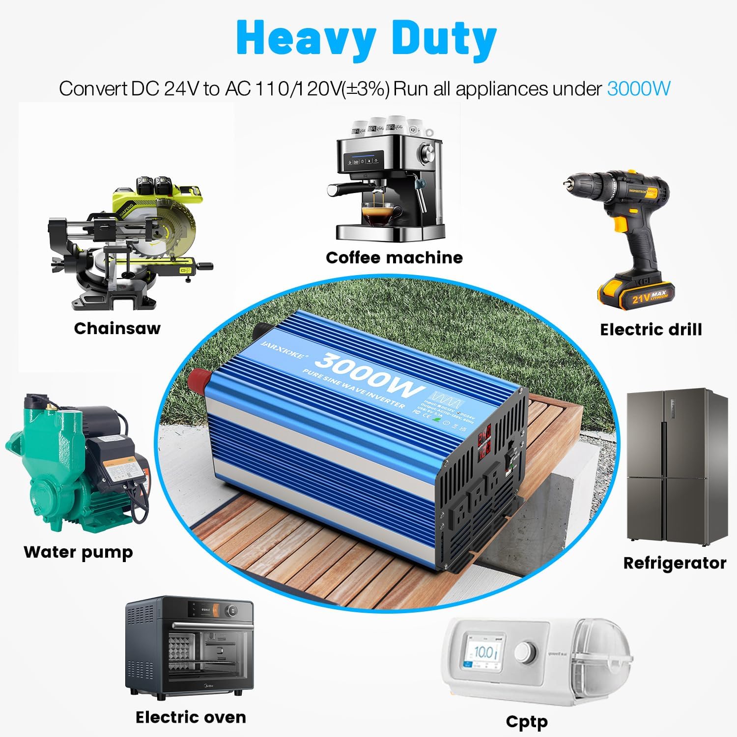 Detalle de 3000 Watt Pure Sine Wave Inverter (24V DC to 110/120V) with 3 Outlets, USB, LCD and Remote