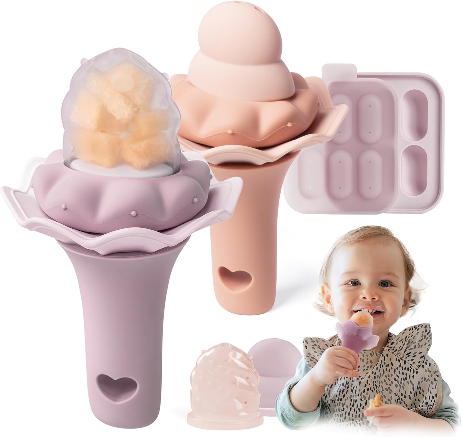 Moonkie Baby Fruit Feeder with Freezer Tray (2 Pack) – BPA Free Silicone, 2 Pouch Sizes, Ice-Shape Teether, Pale Mauve