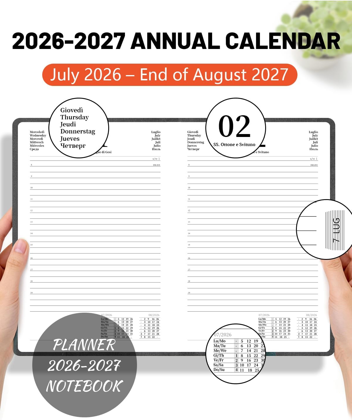 Detalle de HW CASA Agenda Giornaliera 2026–2027 A5: diario con festività multilingue, etichette mensili 3D e formato PU+CARTA