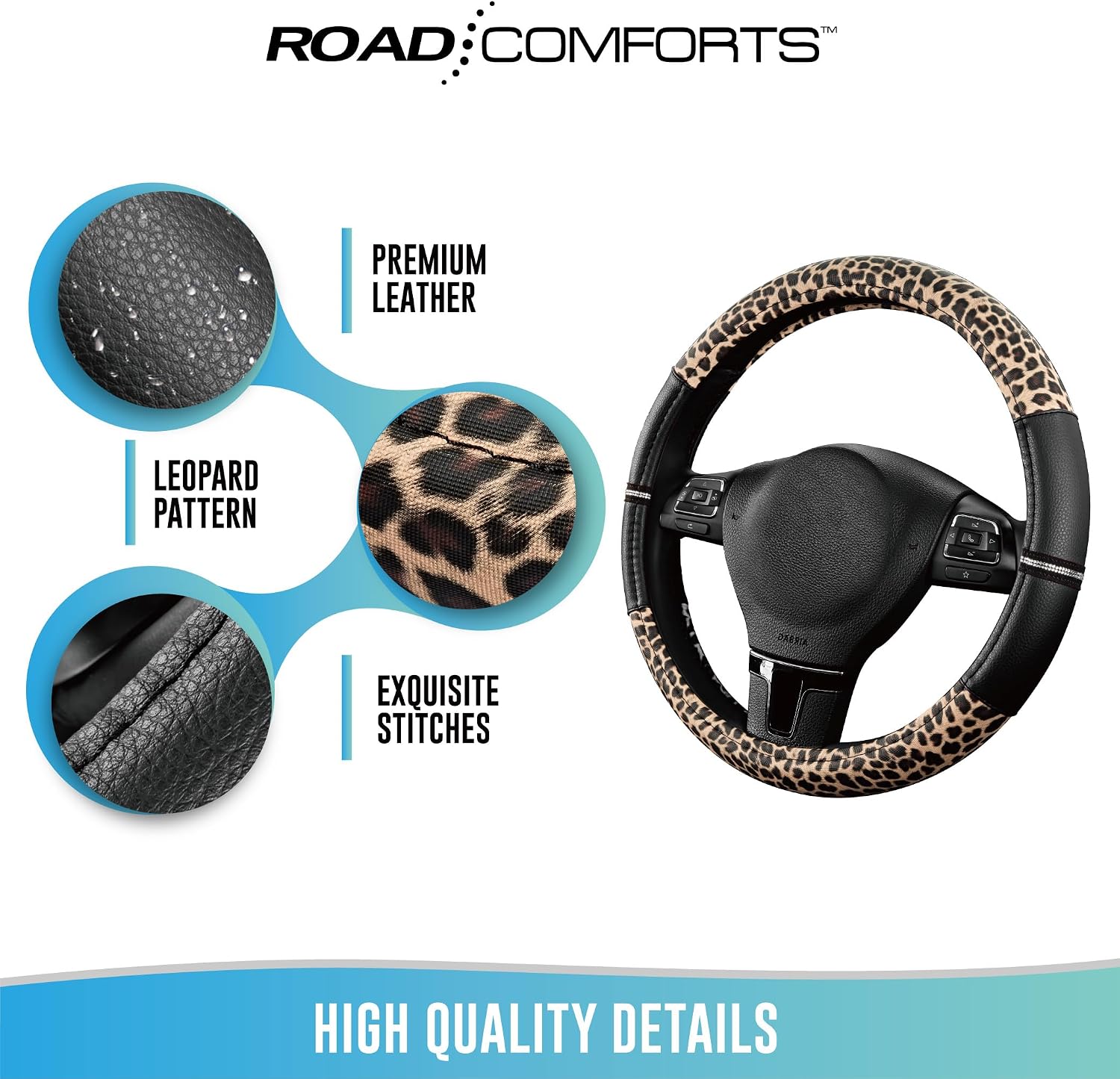 Detalle de Road Comforts Leopard Steering Wheel Cover, Black PVC Leather with Padded Grip