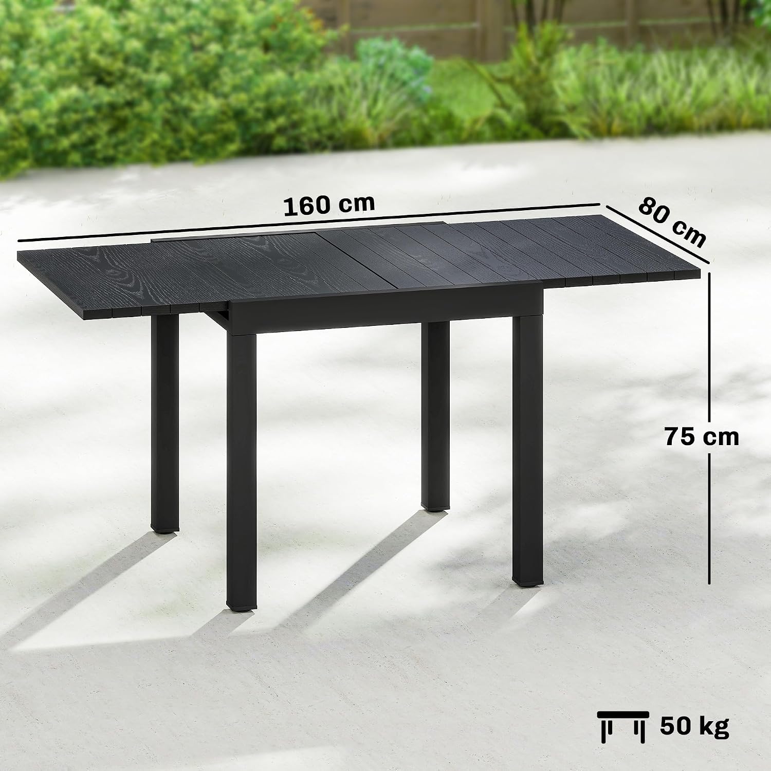 Detalle de Outsunny 84K-001V00BK uitschuifbare tuintafel in aluminium met houtlook